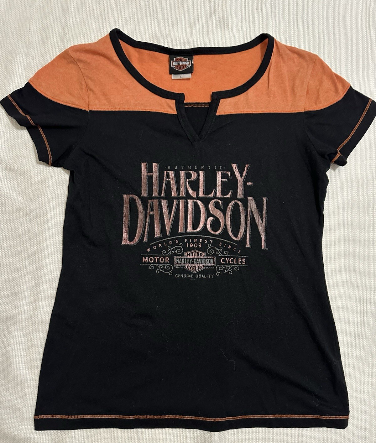 Vintage Women’s Harley Davidson Shirt Cap Sleeve Size Large Orange & Black