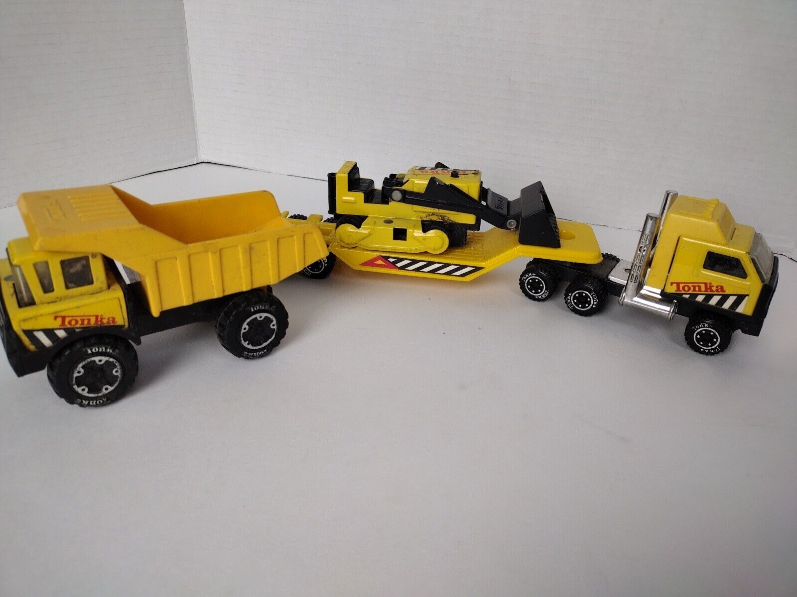 Vintage Mini Tonka Yellow Semi Truck with Lowboy Trailer Bulldozer & Dump Truck