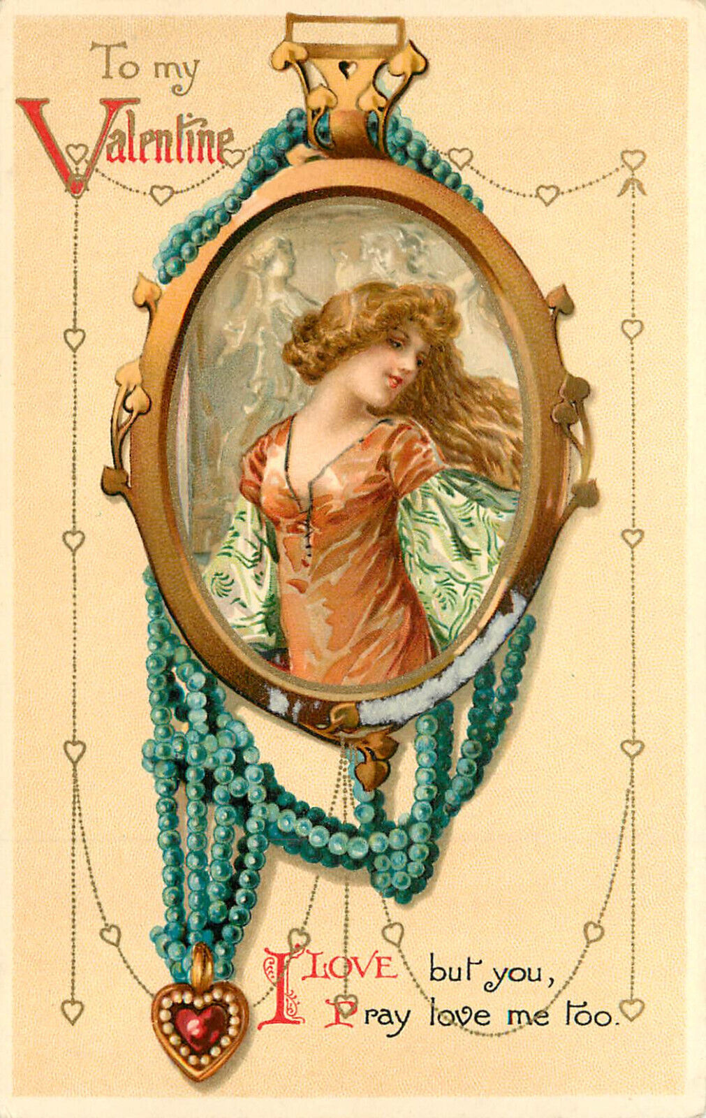 Valentine Postcard Nister 1404 Beautiful Girl in Locket Beaded Jewelry Unposted