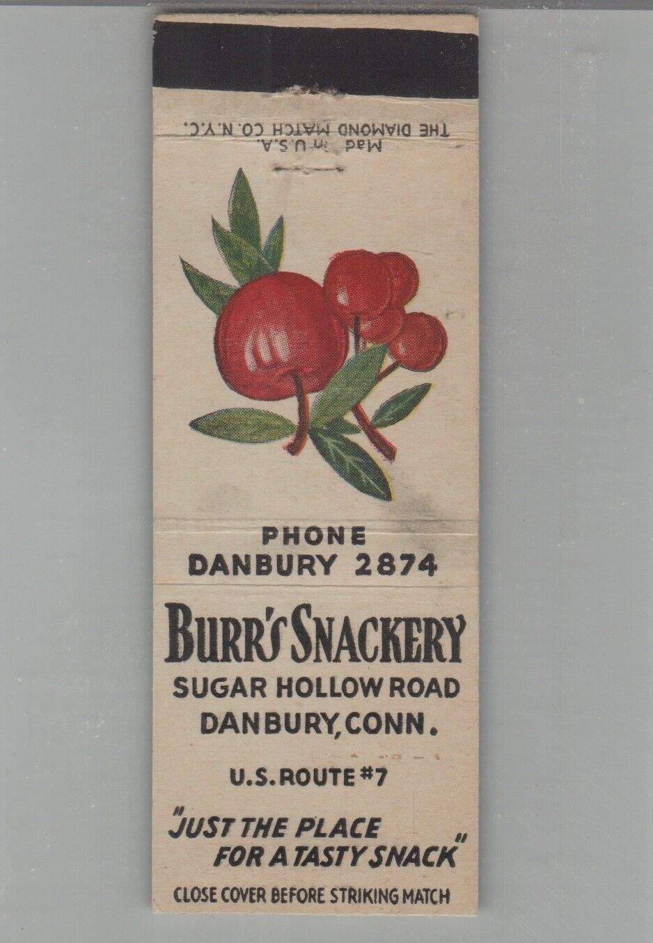 Matchbook Cover Burr\'s Snackery Sugar Hollow Rd. Danbury, CT