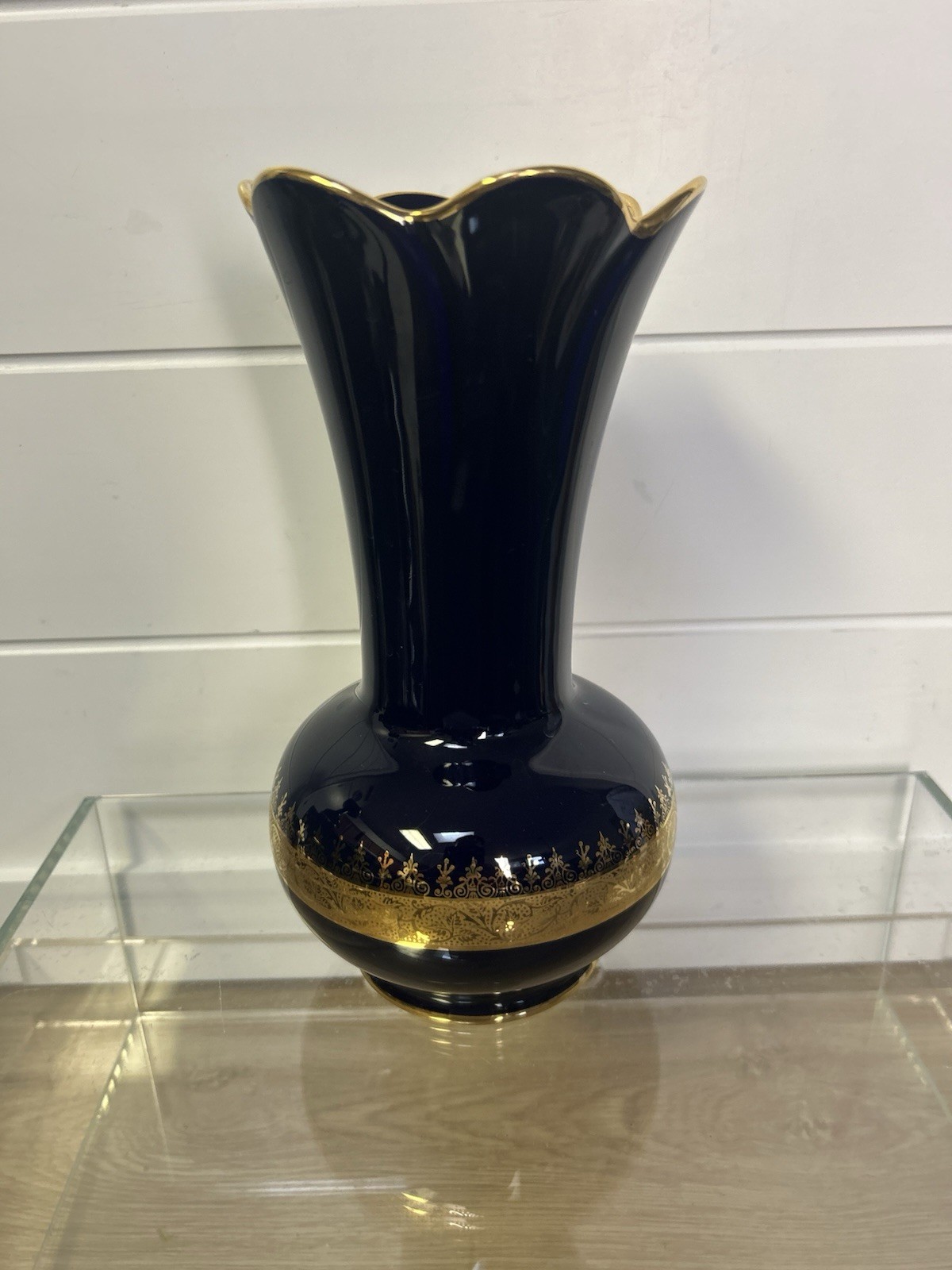 Limoges Castel Dark Cobalt Vase, France Scroll, 22 KT Gold Limoges Castel Dark Cobalt Vase, France Scroll, 22 KT Gold