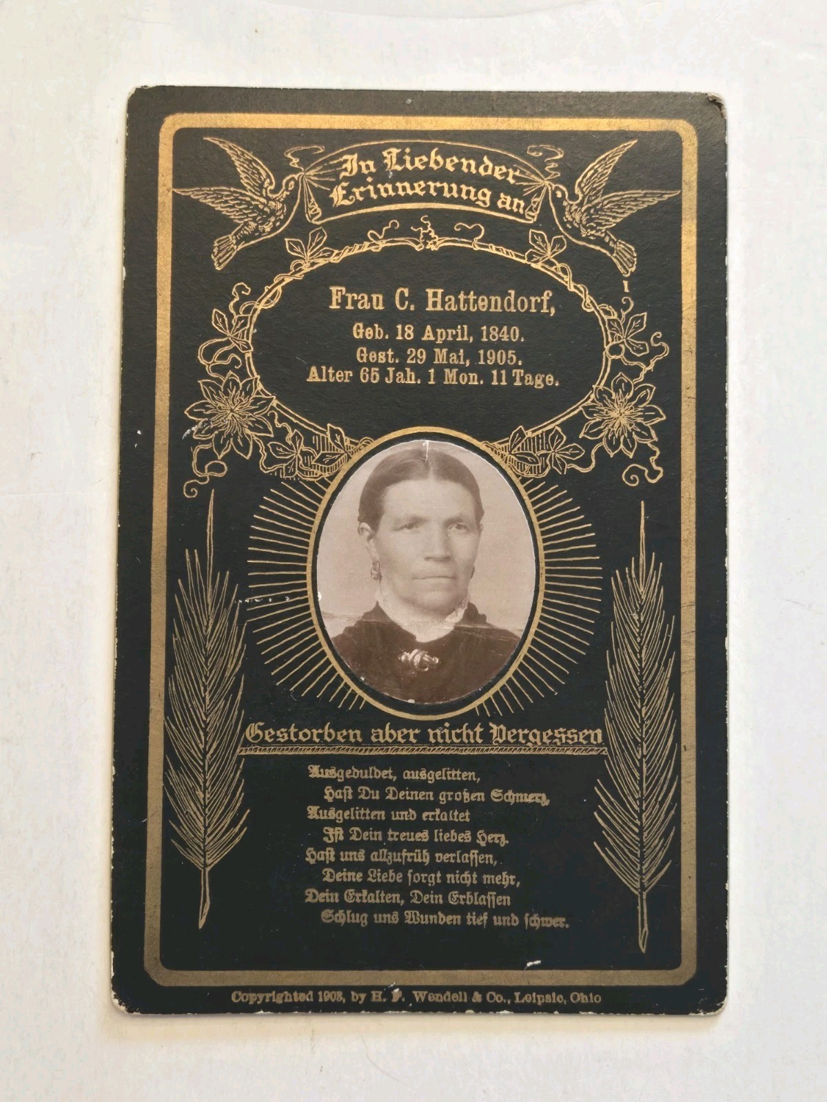 1905 Victorian Mourning Card w/ Photo – Mrs. C Hattondorf – Antique Memorial