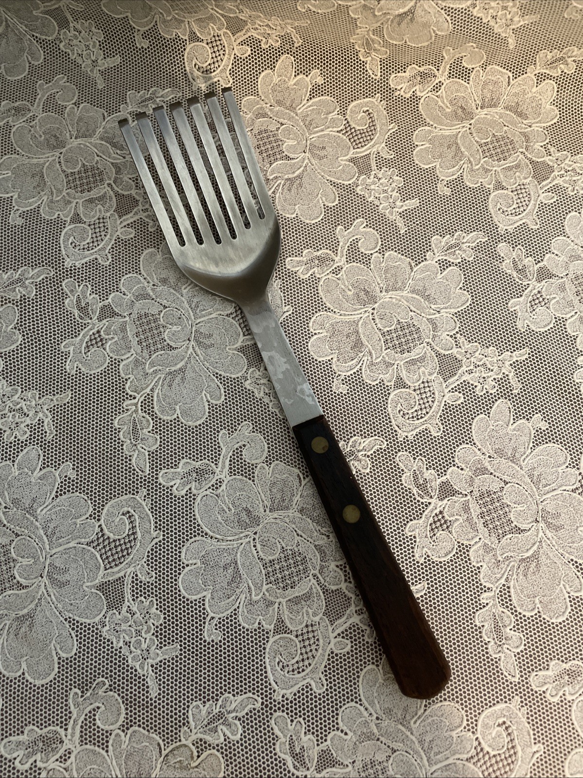 Vintage Barrett’s 7 Tine Pastry Fork Mixing Spatula Stainless Japan Wood Handle