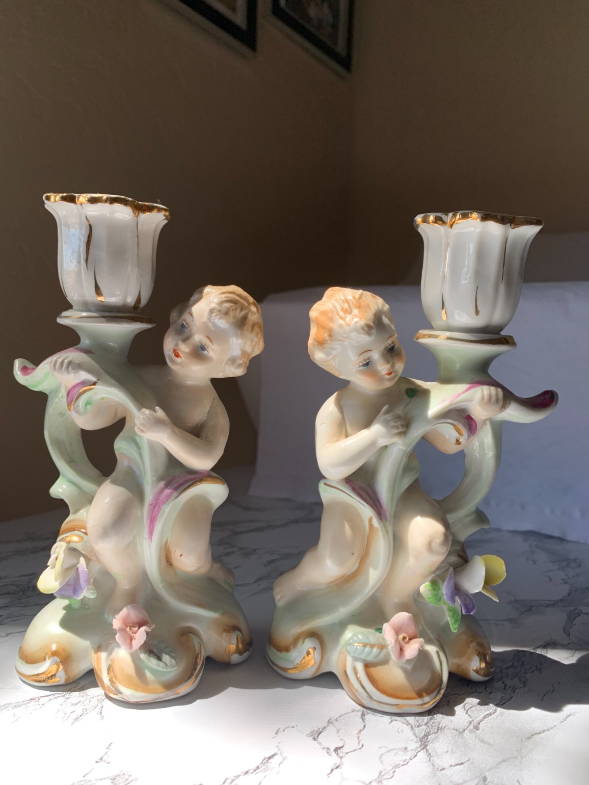 VTG Von Schierholz Handmade Pair Porcelain Cherub Candle Holders