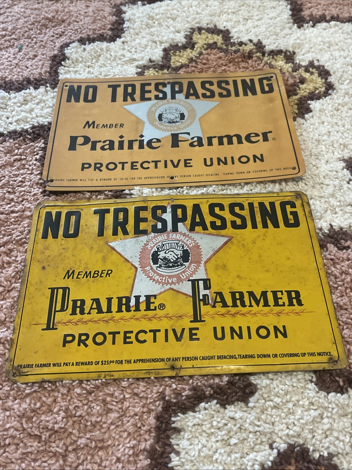 Vtg Prairie Farmer Protective Union No Traspassing  Sign 12x8 Plastic And Metal