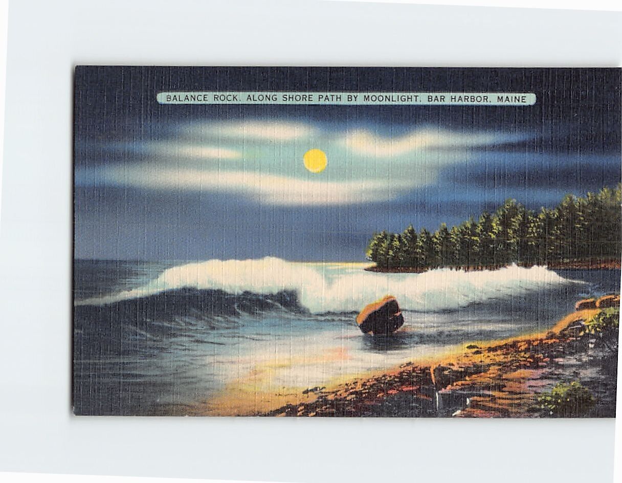 Postcard Balance Rock Along Shore Path by Moonlight Bar Harbor Maine USA