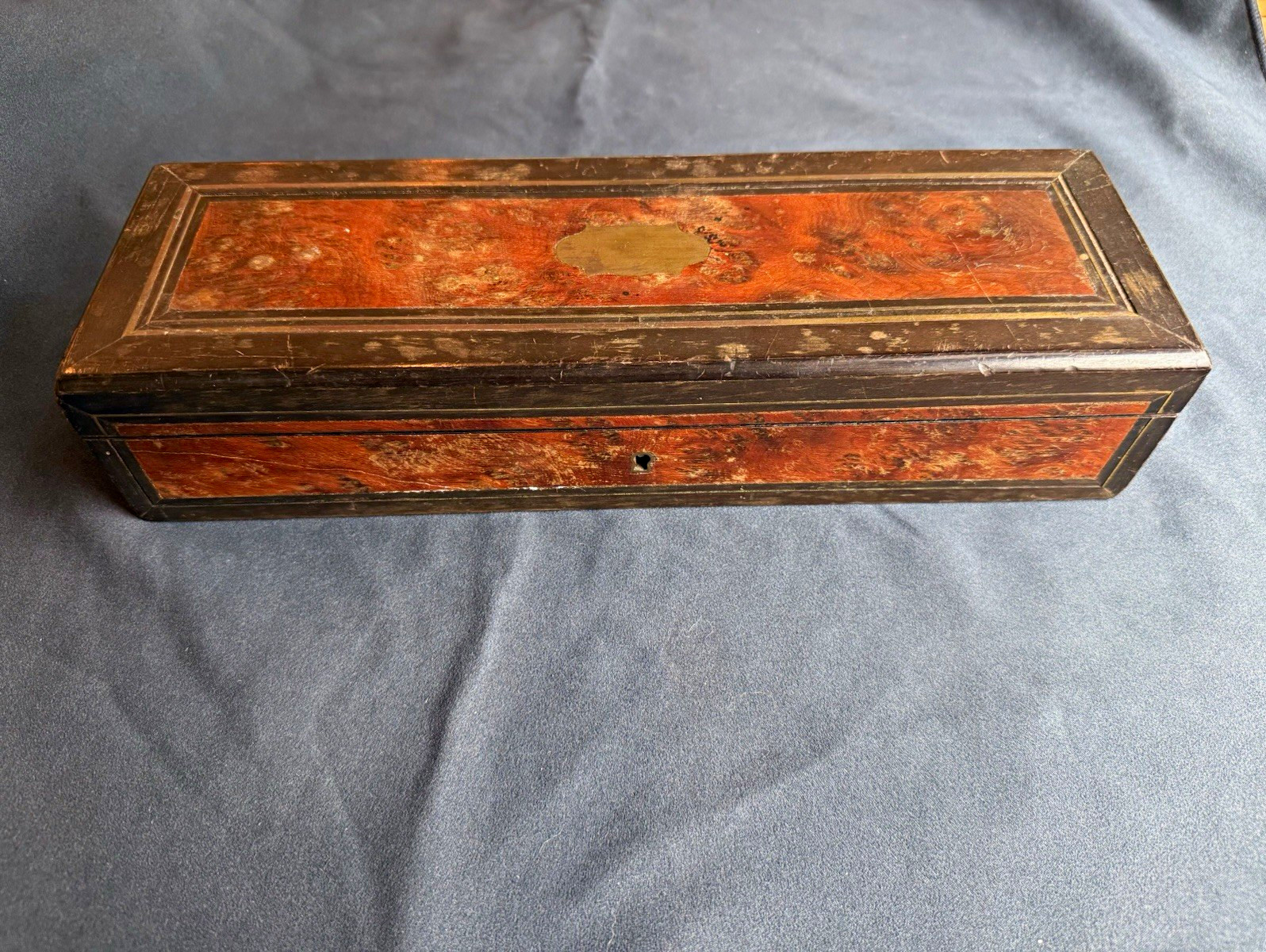 Antique French Napoleon III Burl Wood Glove Box Ebonized Brass Inlay 19th C