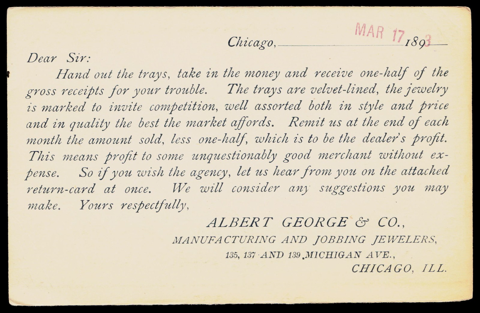 1893 Albert George & Co Chicago IL Victorian Jewelry Advertising Postal Card