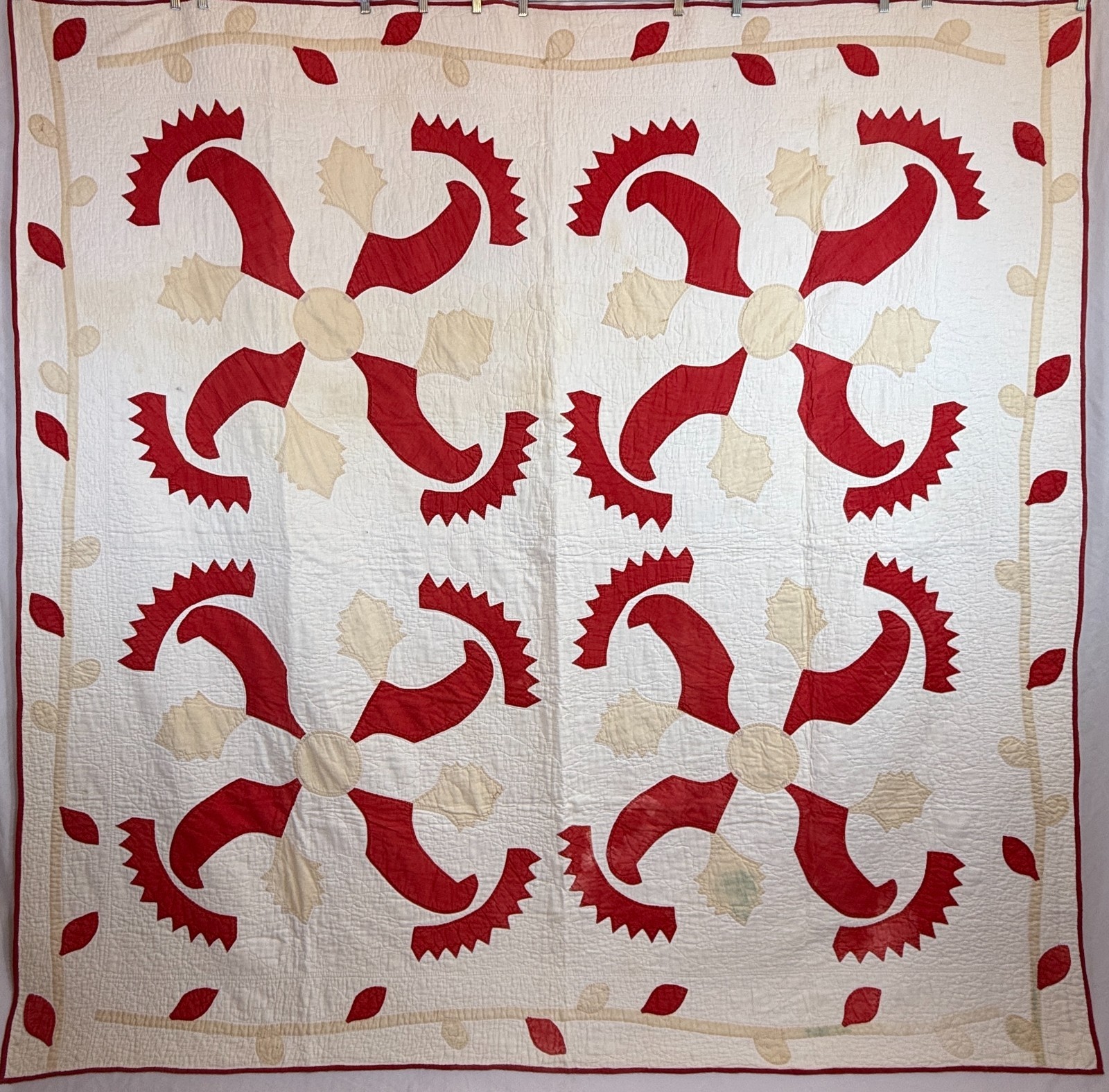 Antique c1880 Turkey Red Cockscomb Princess Feather Applique Quilt Folk Art 79\
