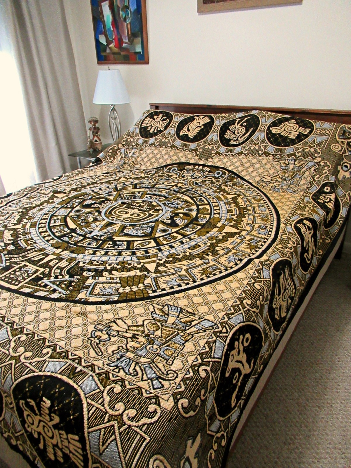WOVEN LARGE MEXICAN BLANKET MAYA AZTEC CALENDAR THROW RUG WALL HANGING 91x 81