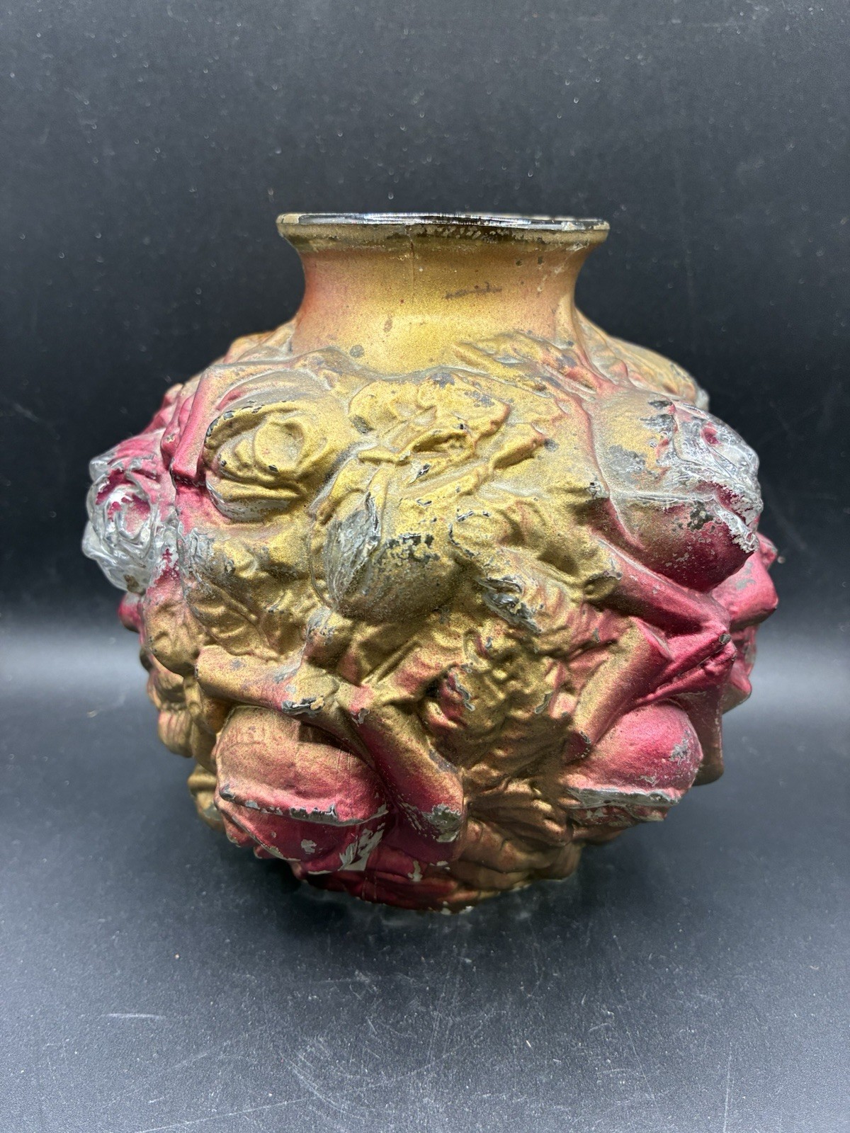 Antique Goofus Glass Vase Puffy Rose Carnival Prize 1900s Gold Red Antique Goofus Glass Vase Puffy Rose Carnival Prize 1900s Gold Red