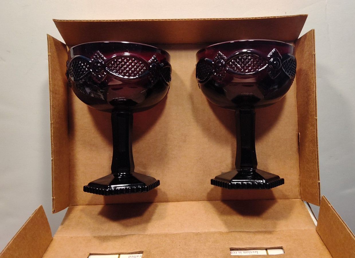 Avon Cape Cod Ruby Red Glass Boxed Set of 2 Saucer Champagne Glasses - NIB