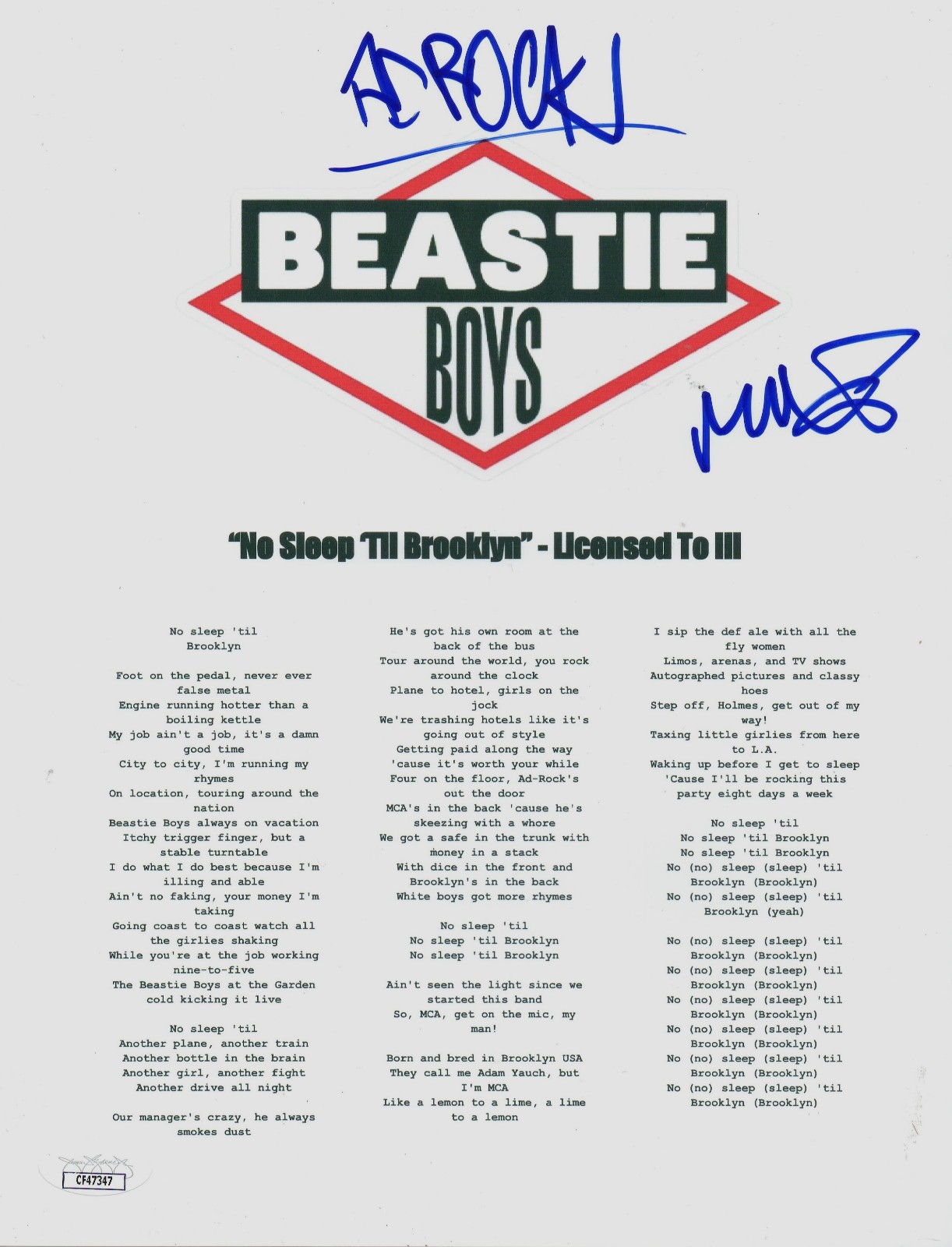 Ad-Rock Mike D Beastie Boys Signed No Sleep Till Brooklyn Lyric Music Sheet JSA