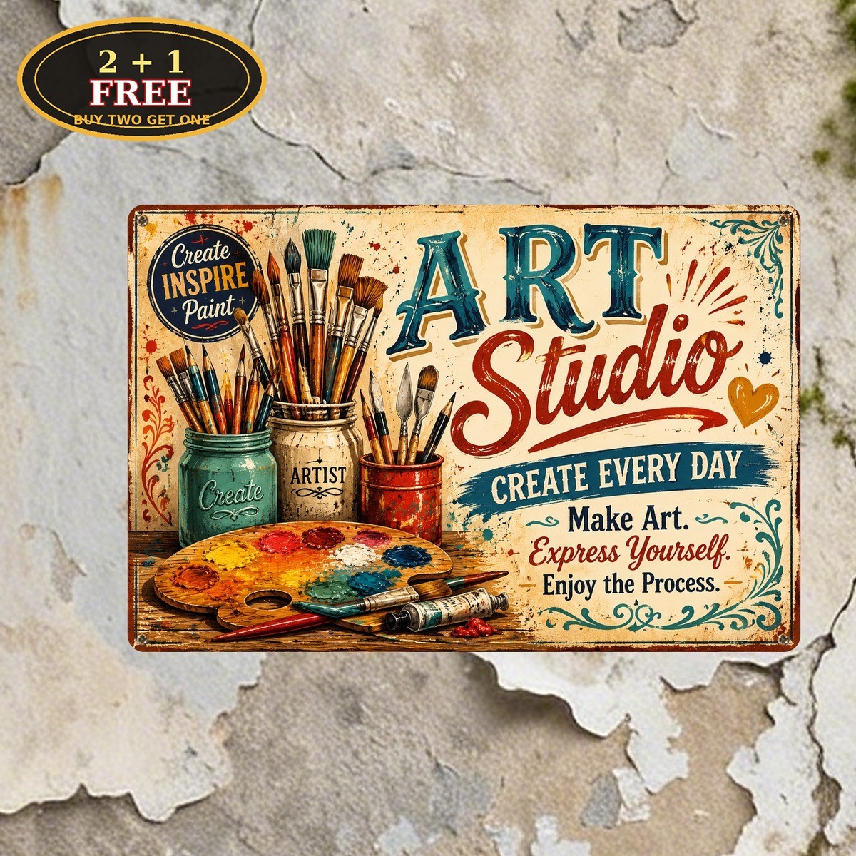 Studio Paintbrush Artist Workshop Metal Sign Retro Craft Room Art Wall Plaque