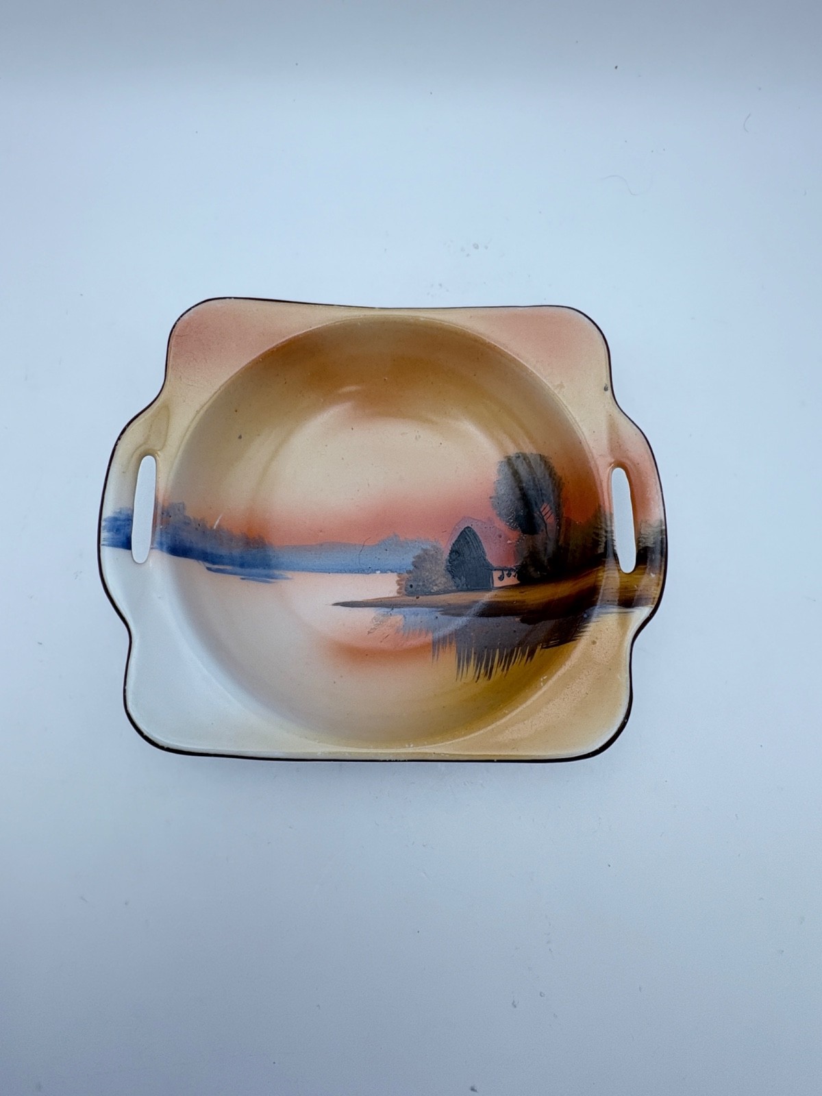 Vtg Peach Noritake Japan Lusterware Square Handled Dish – Vivid Scenic Design 5”