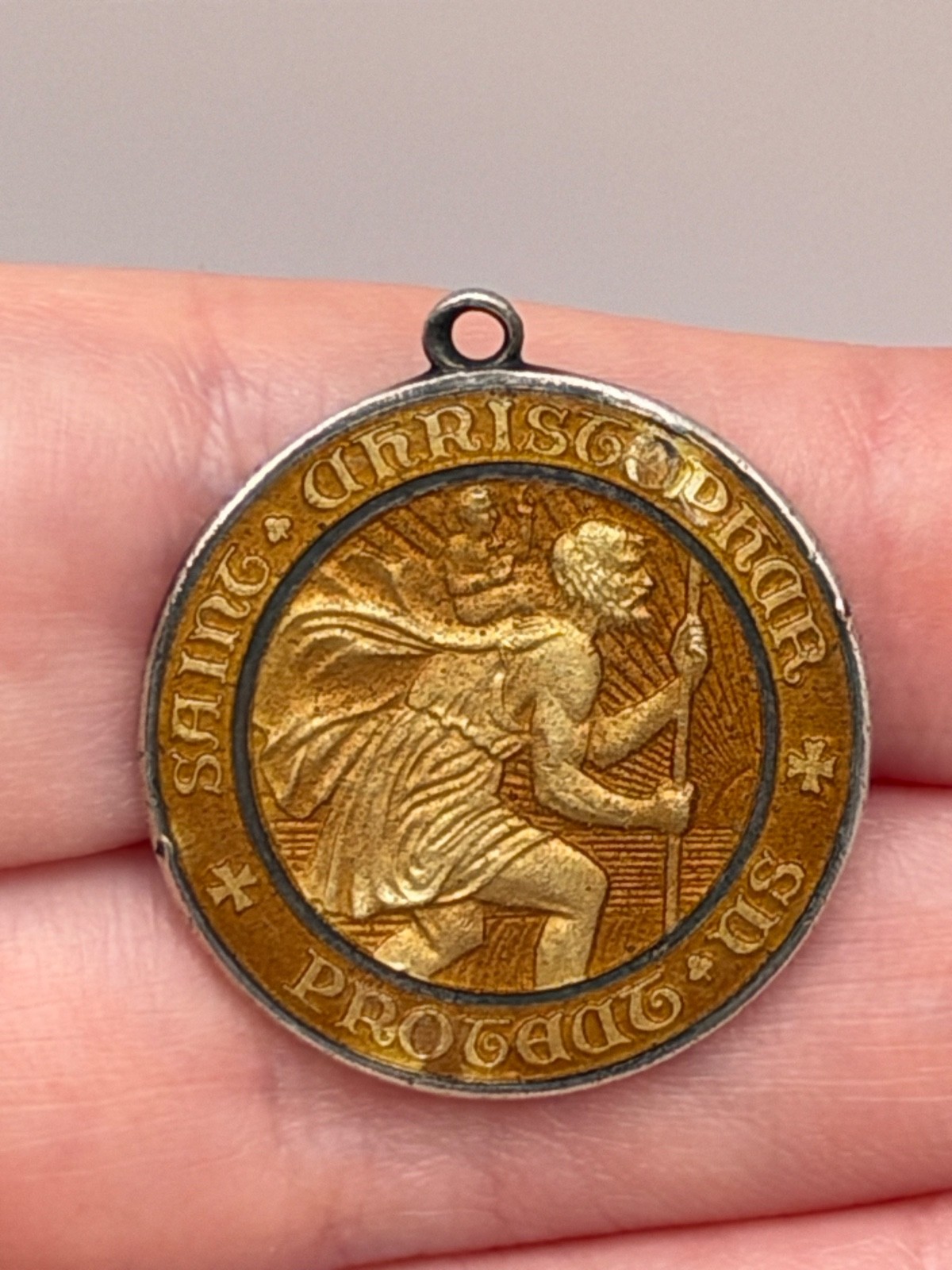 Vintage Saint St Christopher Medal Sterling Silver Enamel Pendant