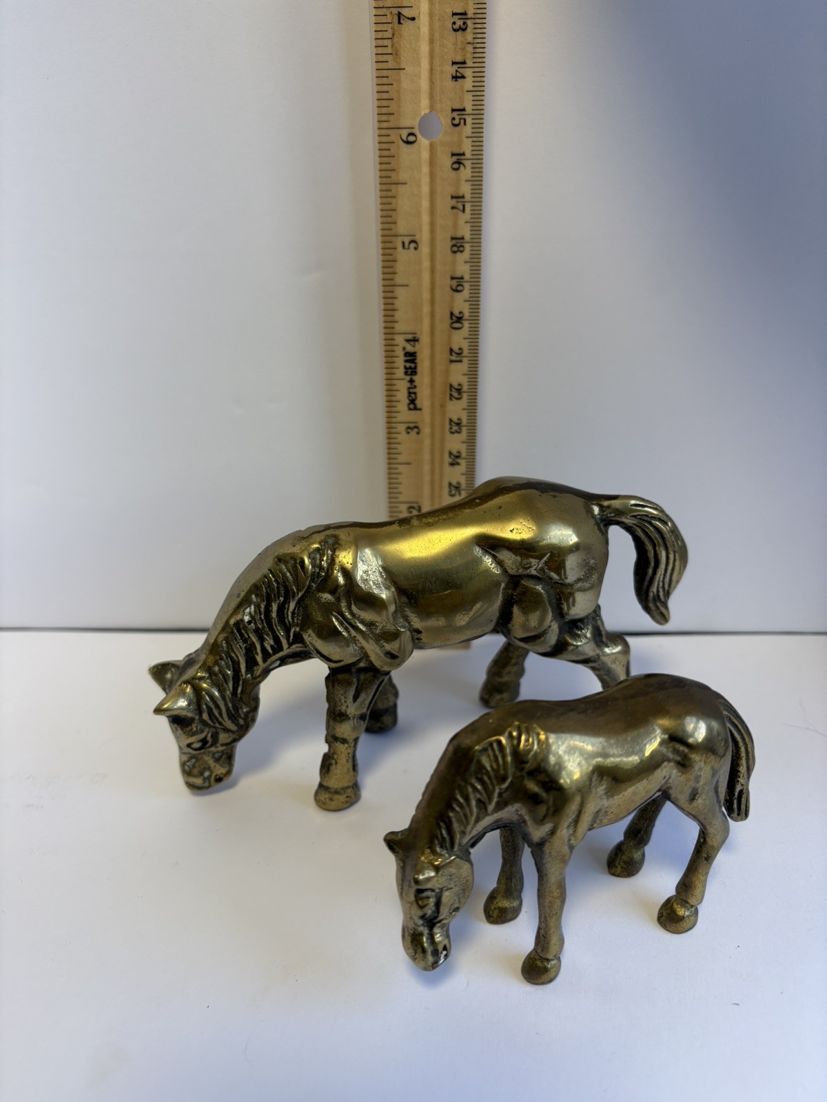 Solid Brass Grazing Feeding Horse Mare & Foal Statue Figures Vintage Set 2 Solid Brass Grazing Feeding Horse Mare & Foal Statue Figures Vintage Set 2