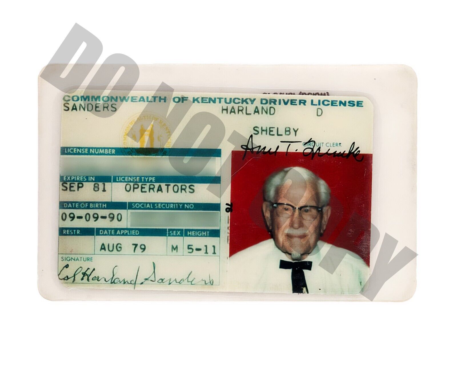 1979 Colonel Sanders Kentucky Driver License Kentucky Fried Chicken 8x10 Photo