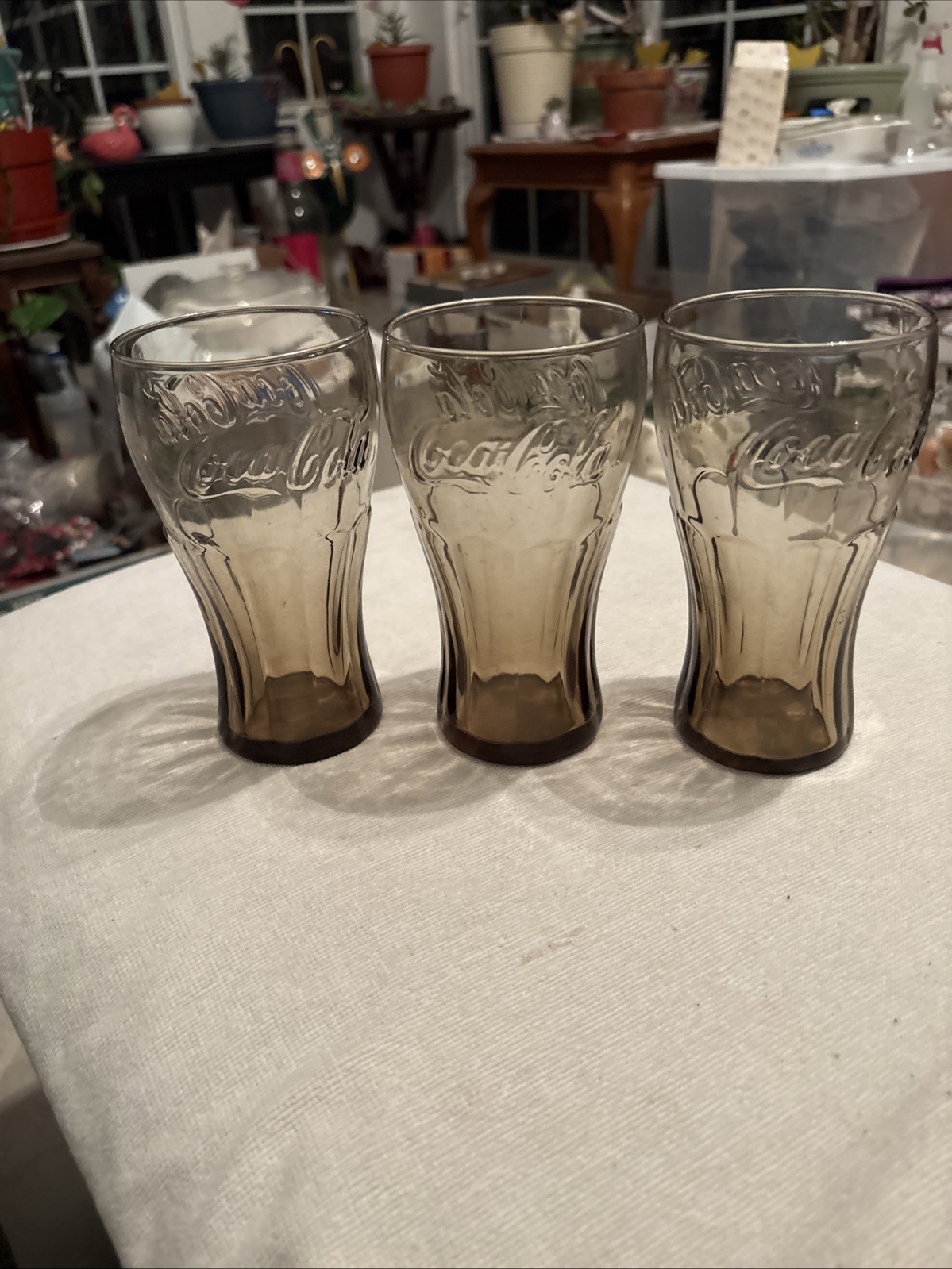 VINTAGE SMOKED BROWN MCDONALDS COCA COLA GLASSES SET OF 3 EXCELLENT