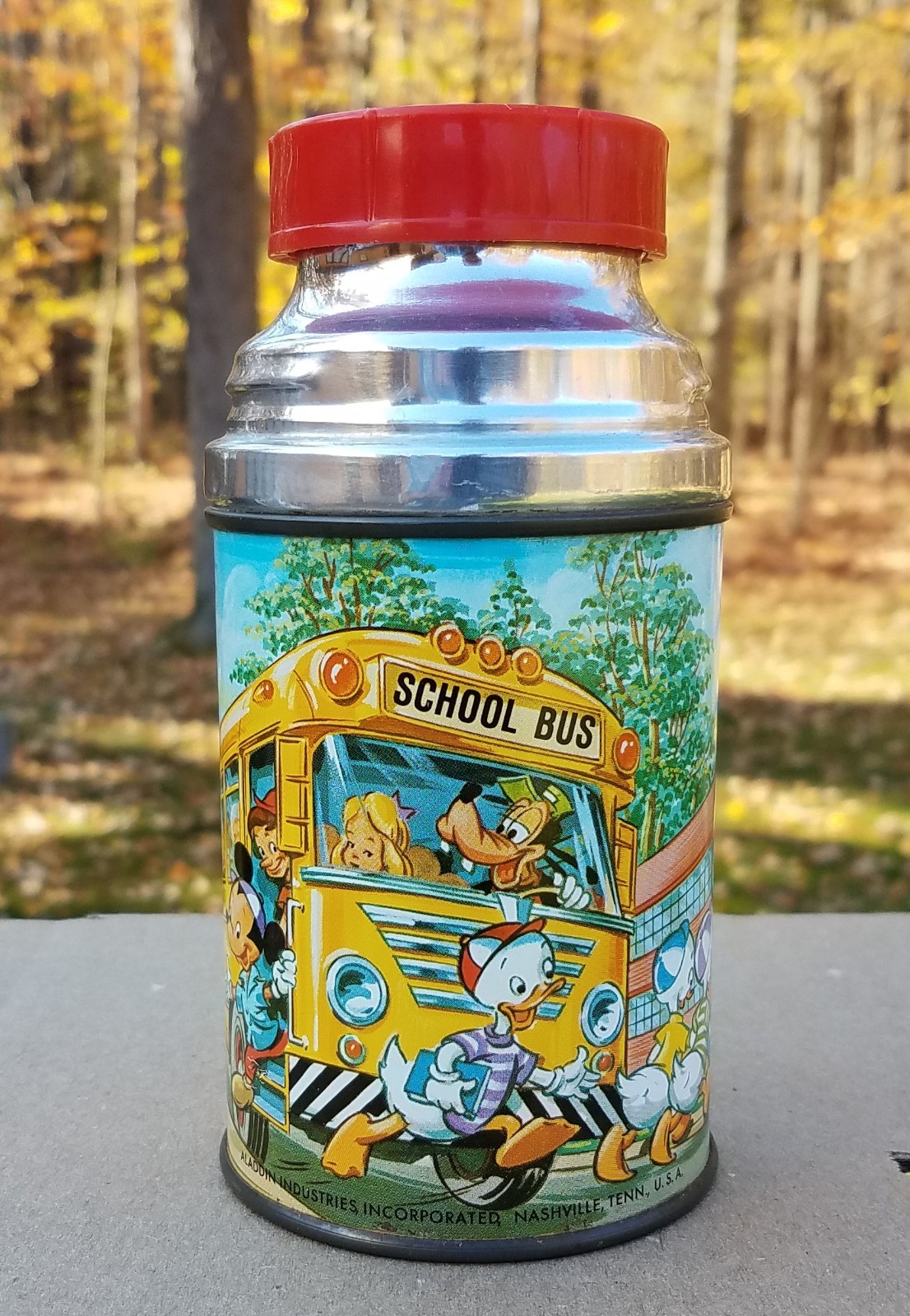 Vintage 1961 Aladdin School Bus Stop Disney Mickey Mouse Thermos Very Nice