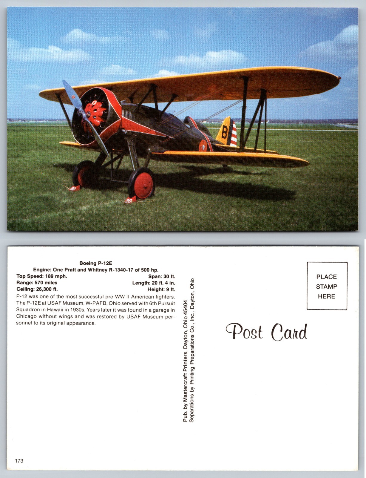 Boeing P12E Biplane Aviation Museum Postcard