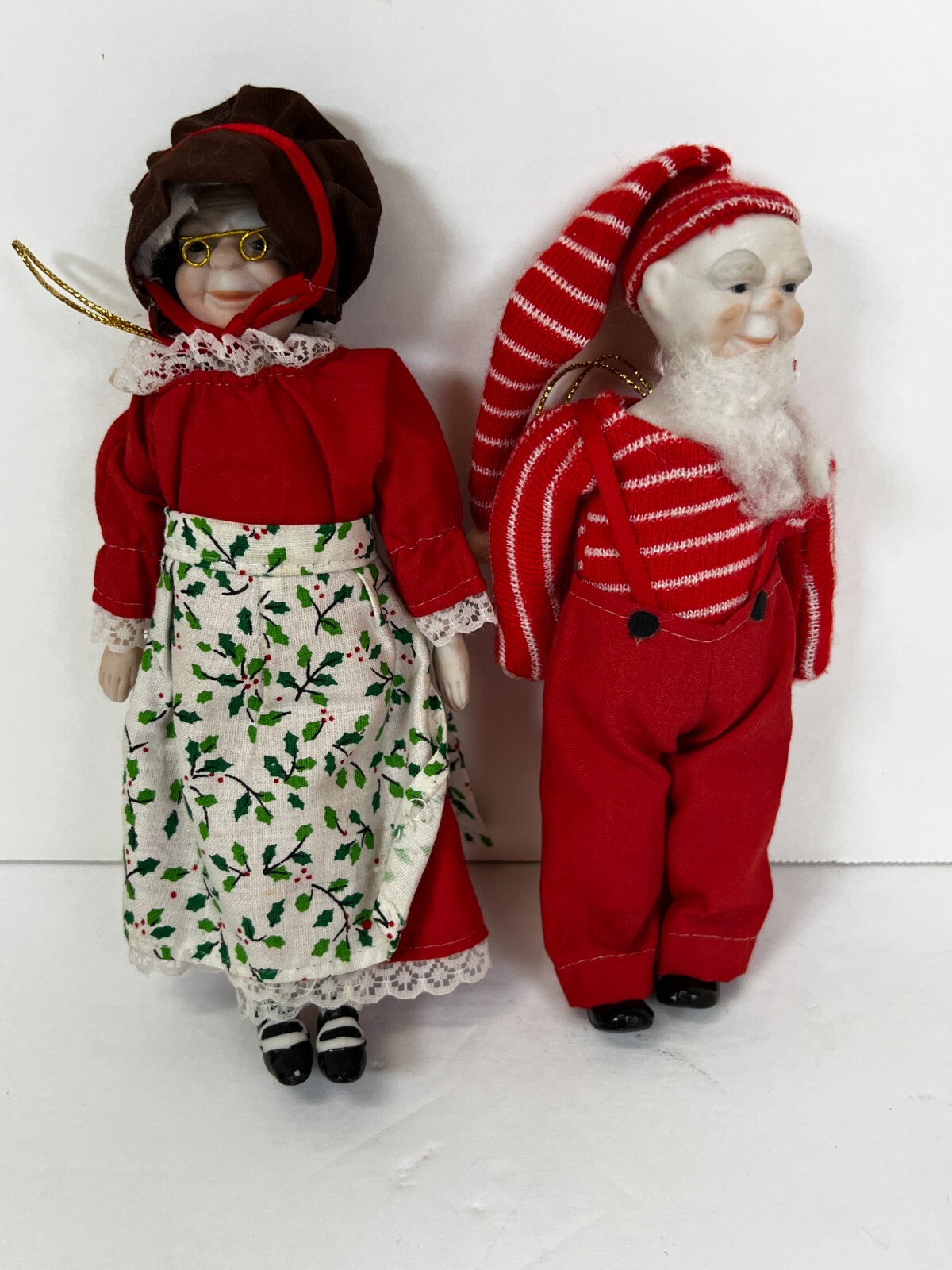 Vintage Santa and Mrs Claus Porcelain Christmas Ornaments 7 Inch Set of 2