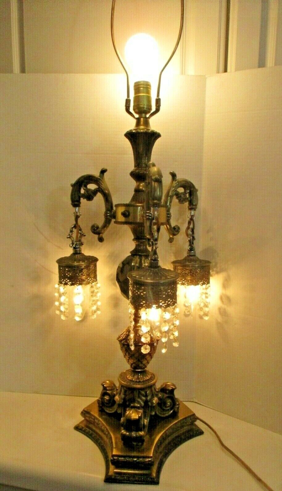 Rococo Brass 37 Inch Table Desk Lamp 3 Arms Hollywood Regency Prism & Crystals