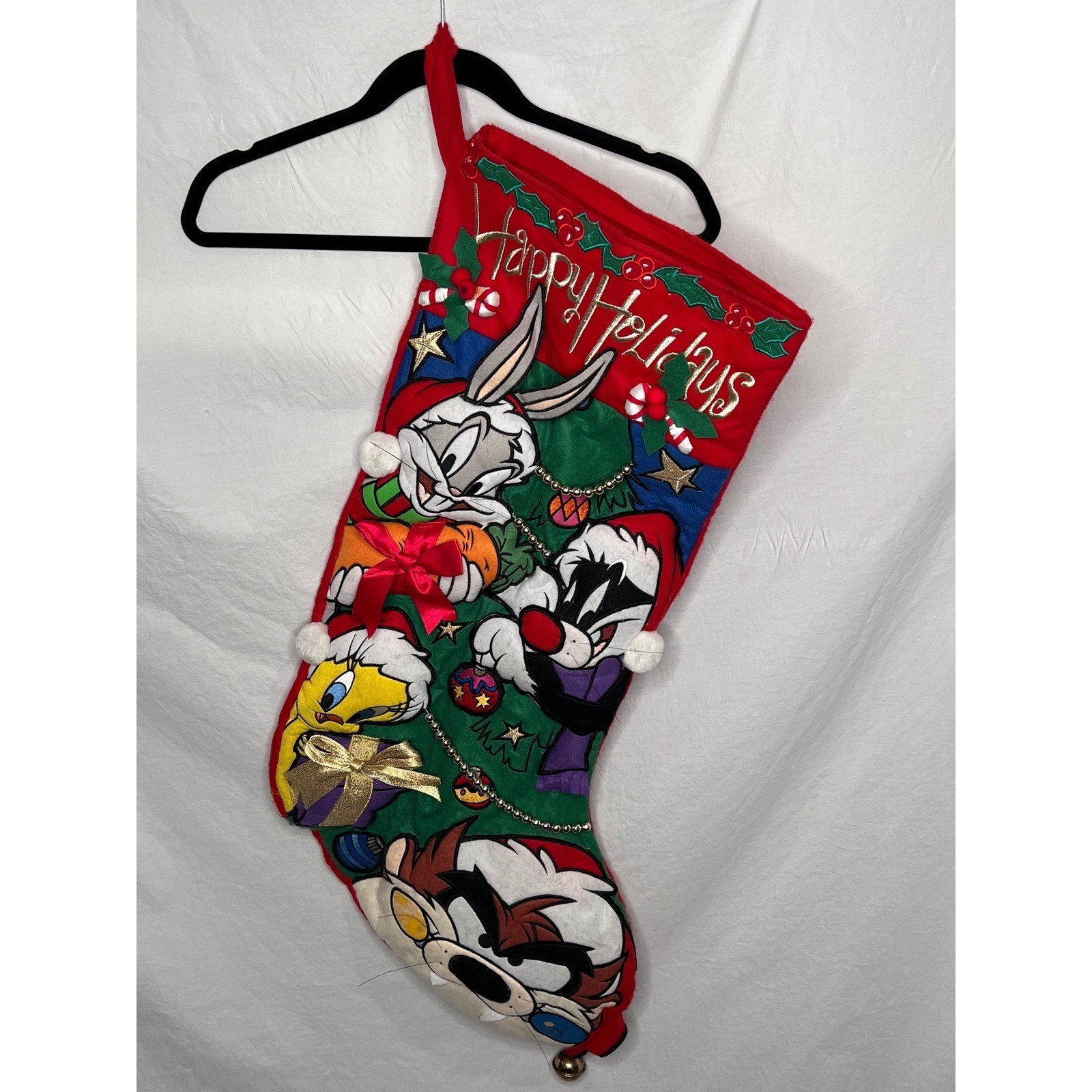 VTG Y2K Looney Tunes Christmas Stocking Happy Holidays Bugs Taz Tweety Sylvester