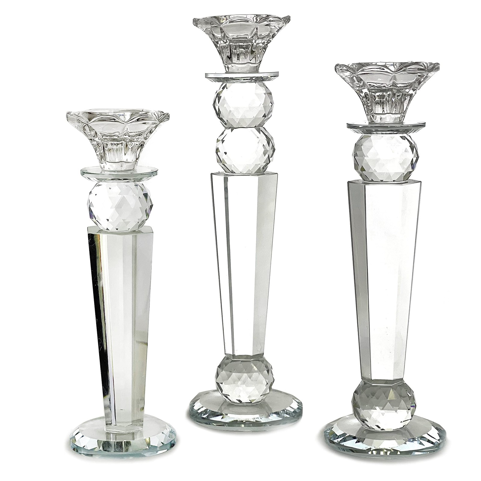 Allgala Set of 3 Crystal Glass Pillar Candlesticks 8.5 10 11 Inch HD89154, Clear