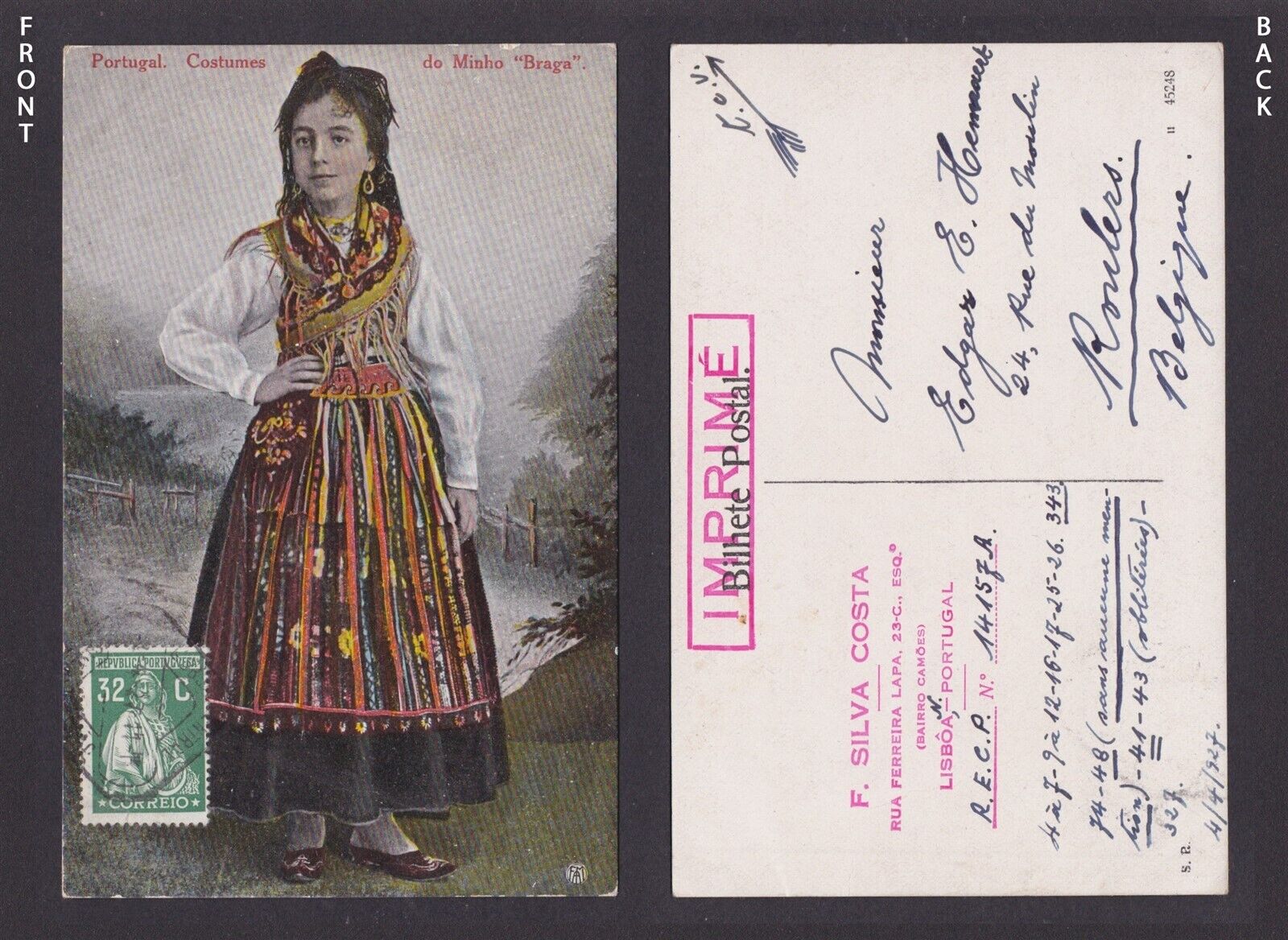 Vintage postcard, National costume, Portugal, Costumes of Minho \