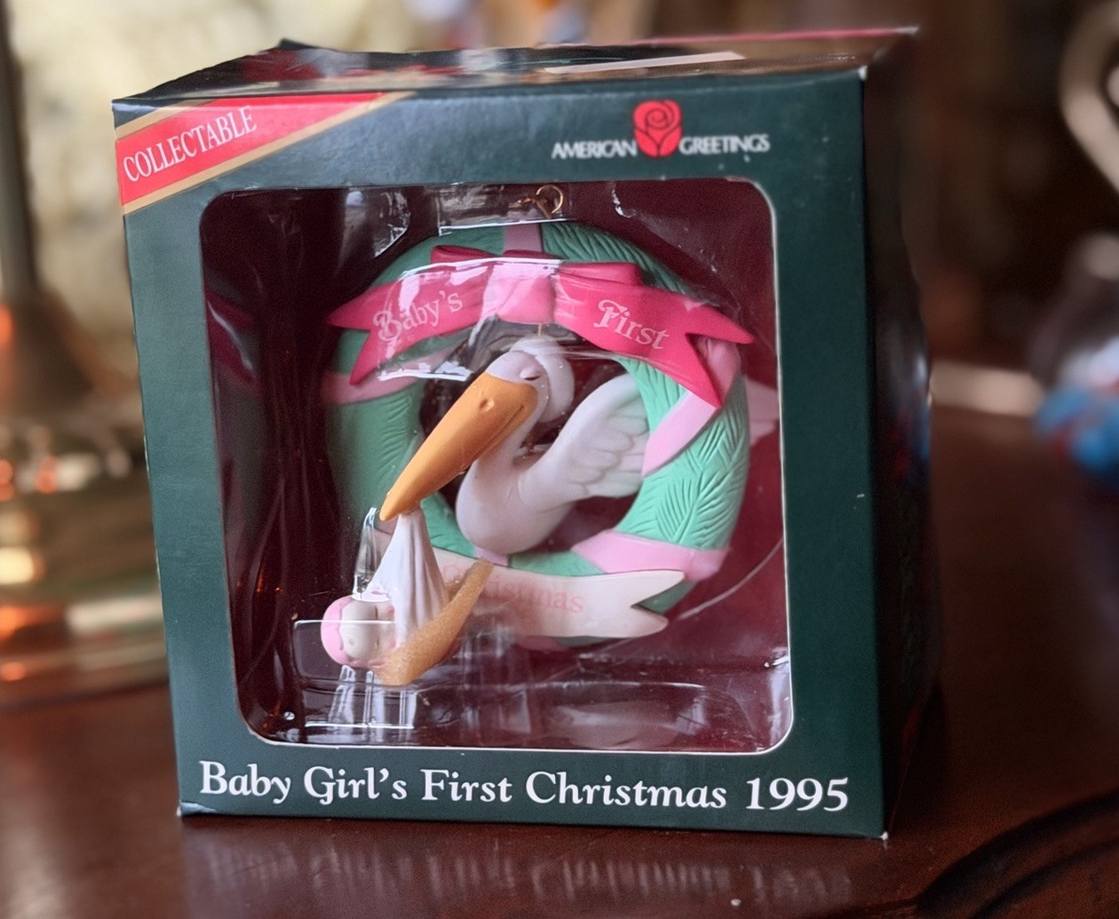 Vintage 1995 American Greetings Baby Girl’s First Christmas Ornament Stork NIB