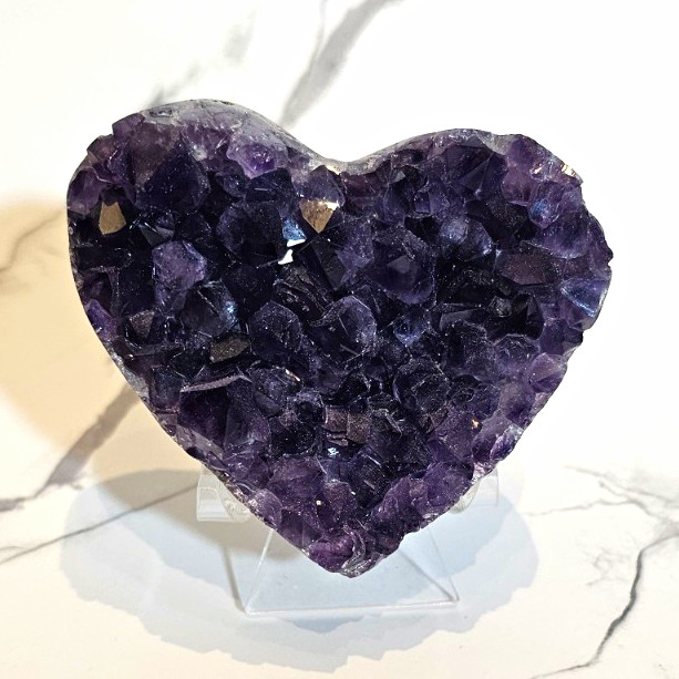 Heart-Shaped Amethyst Purple Crystal Cluster Display Specimen on Stand