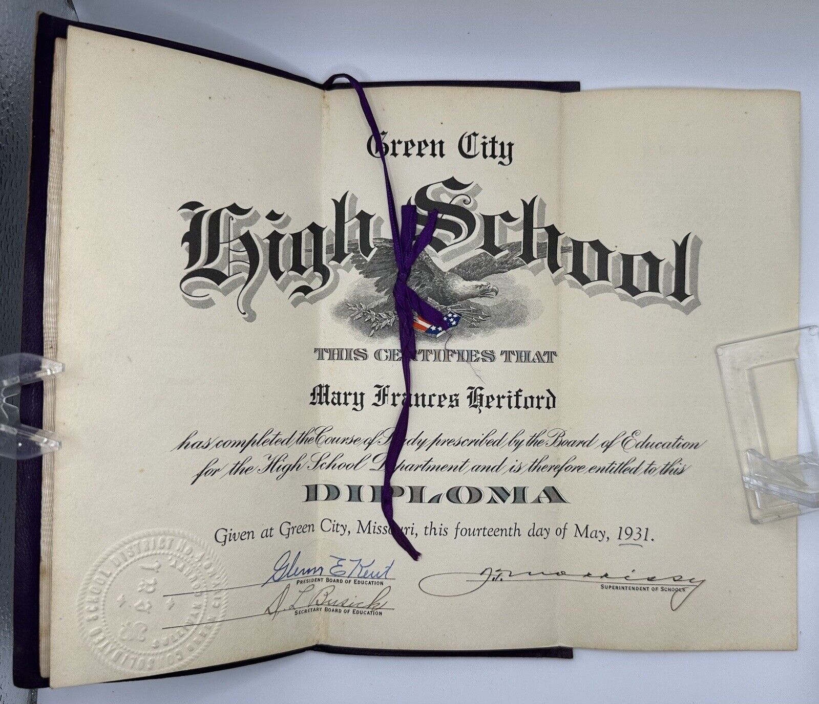 Antique 1931 Green City Missouri MO High School Diploma Mary Frances Heriford