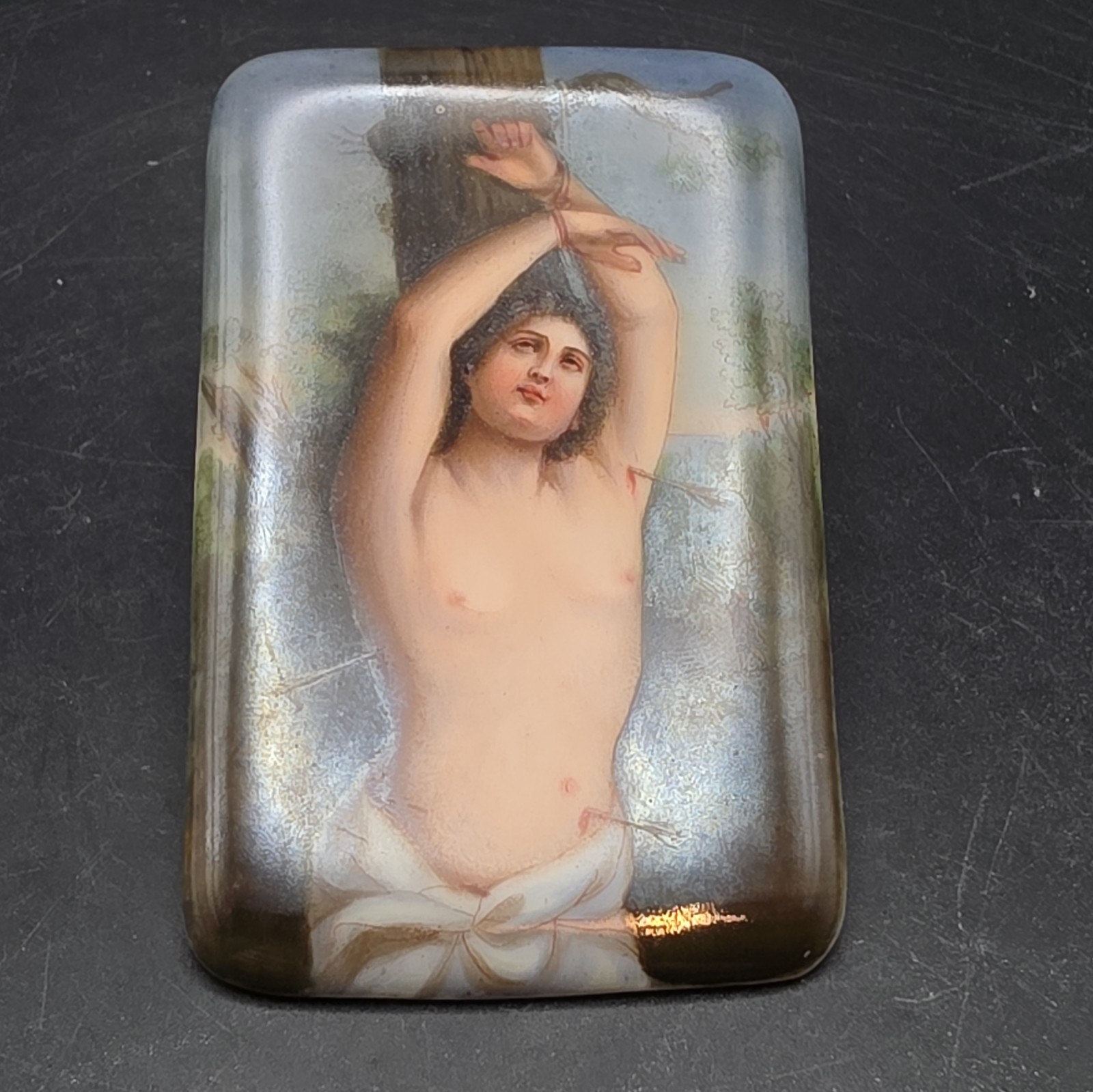 STUNNING 19th CENTURY HAND PAINTED MINIATURE PORCELAIN PLAQUE OF SAINT SEBASTIAN