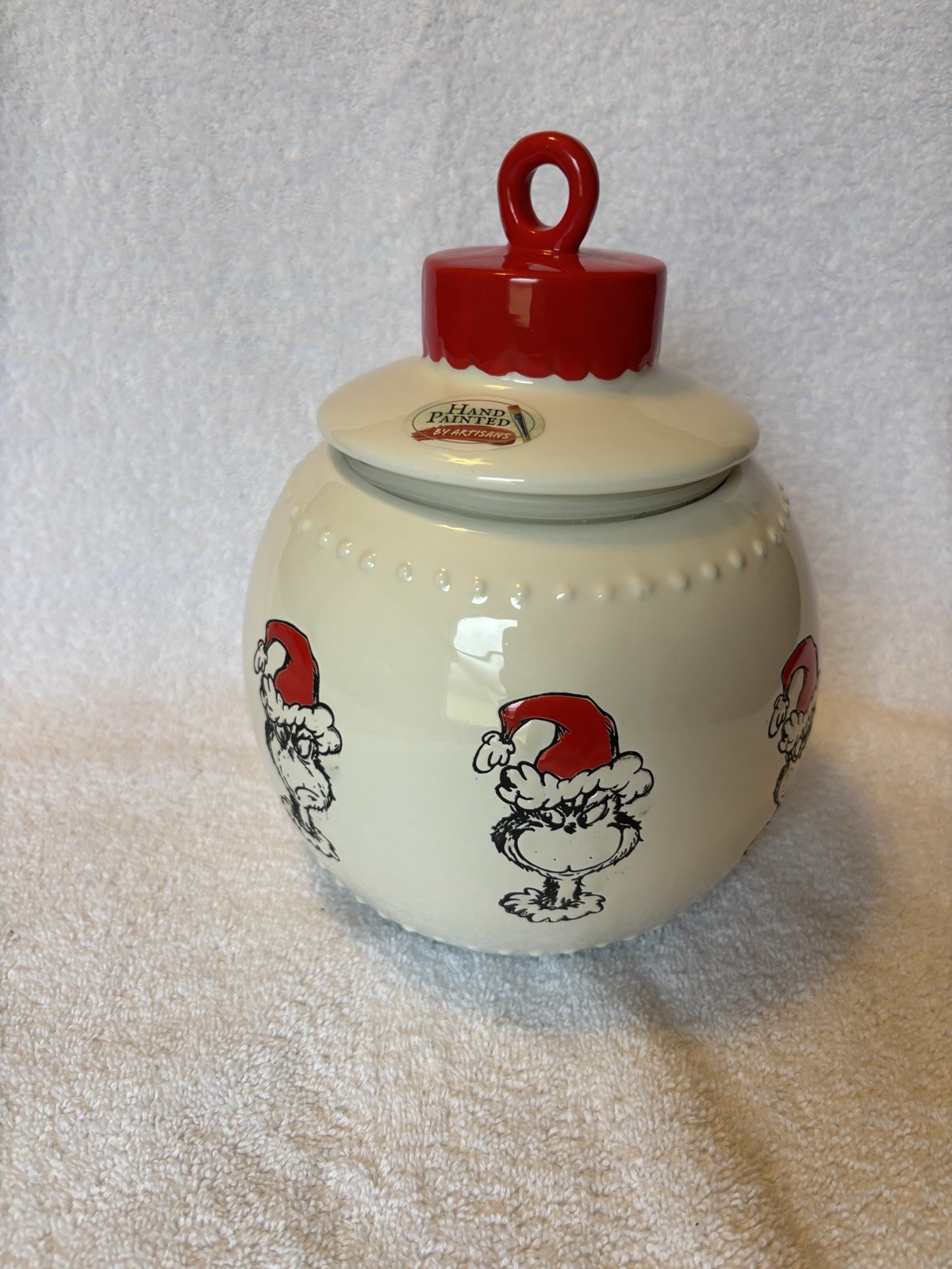 The Grinch - Holiday Ceramic Cookie Jar - Red & Cream.  NEW by Zrike Brands.