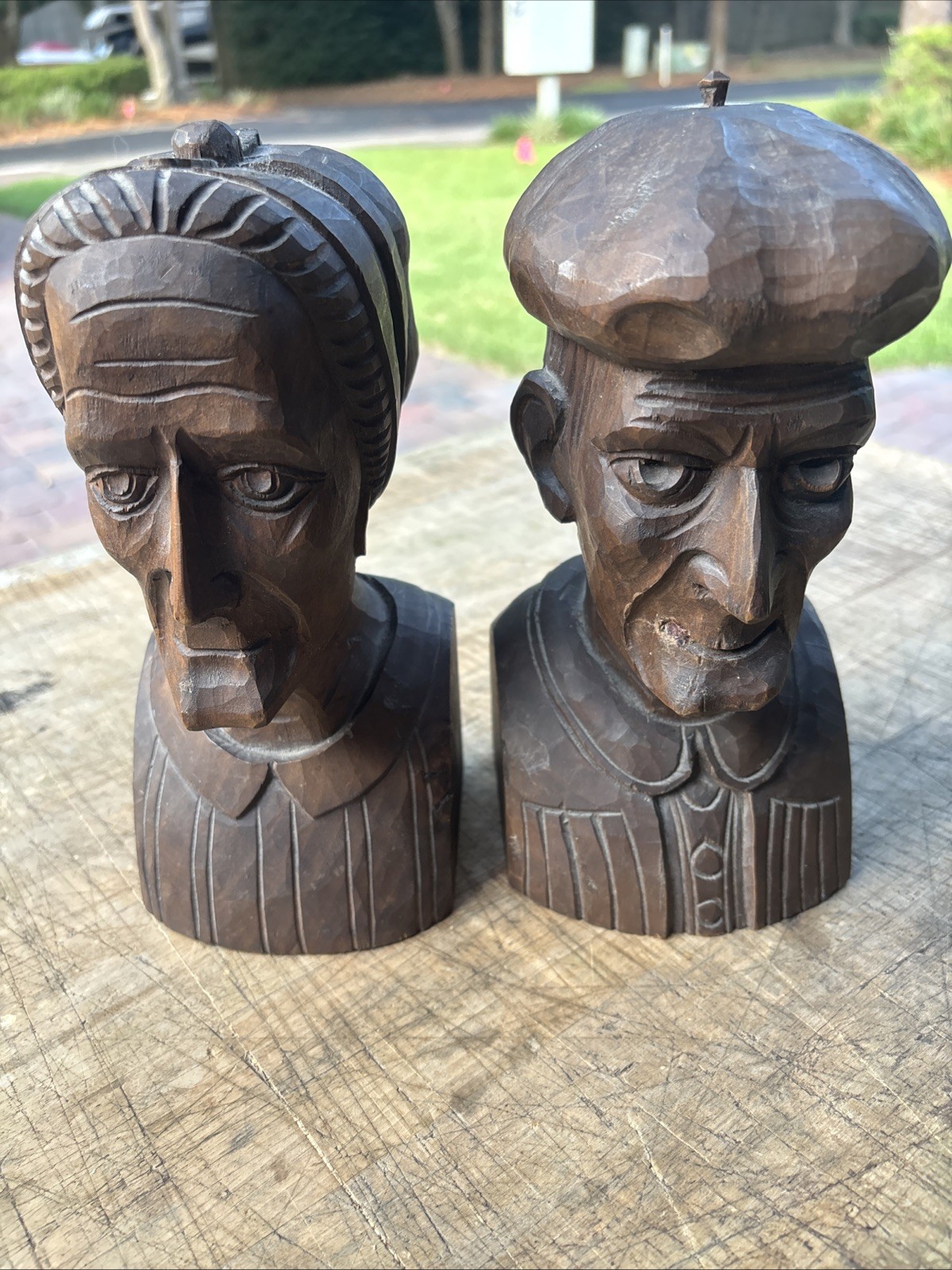 Vintage Hand Carved Wooden Wood Sculpture Busts Old Man & Woman Mid Century Art