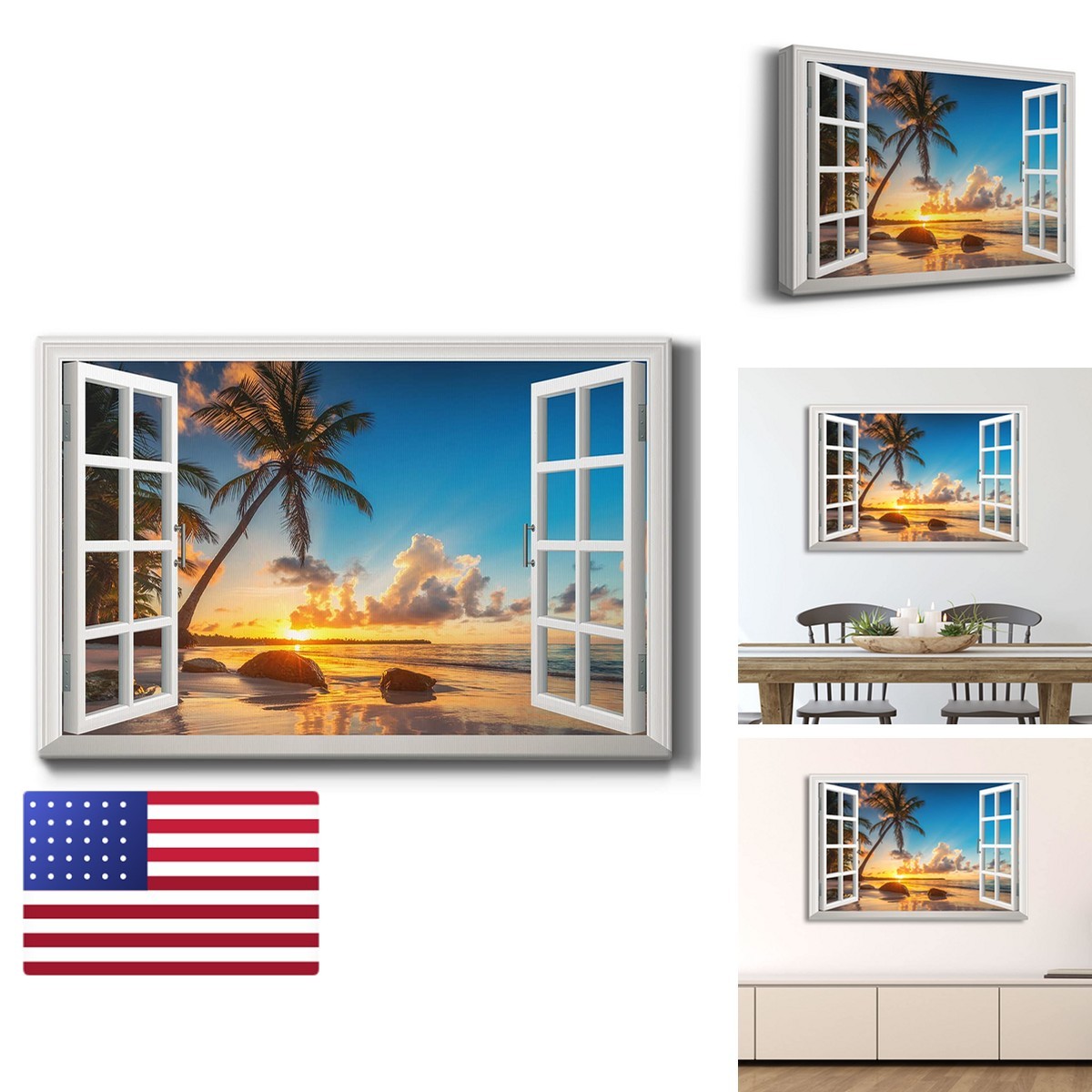 Renditions Gallery Window View of Pair of Palm Trees at Beach Blue Sky Canvas