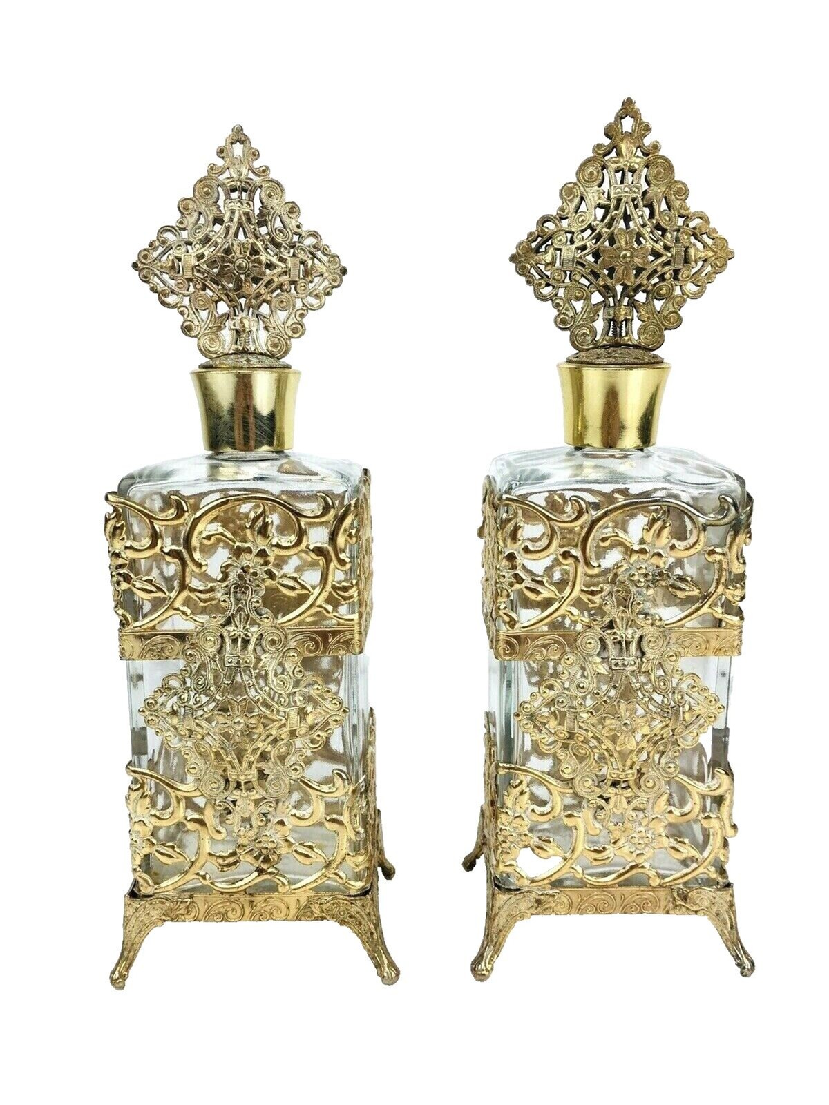 Vintage Ormolu Gold Gilt Filigree Ornate Antique Pair of Baroque Perfume Bottles