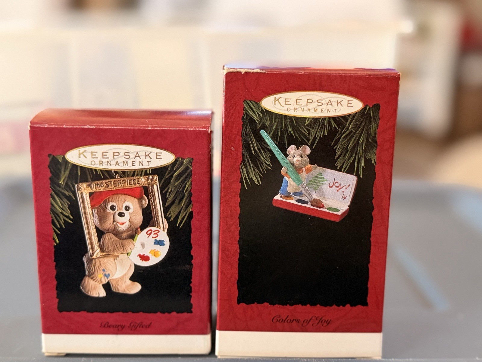 Lot (2) Vintage Hallmark Keepsake 93 94 Painting Mouse & Bear Ornaments 