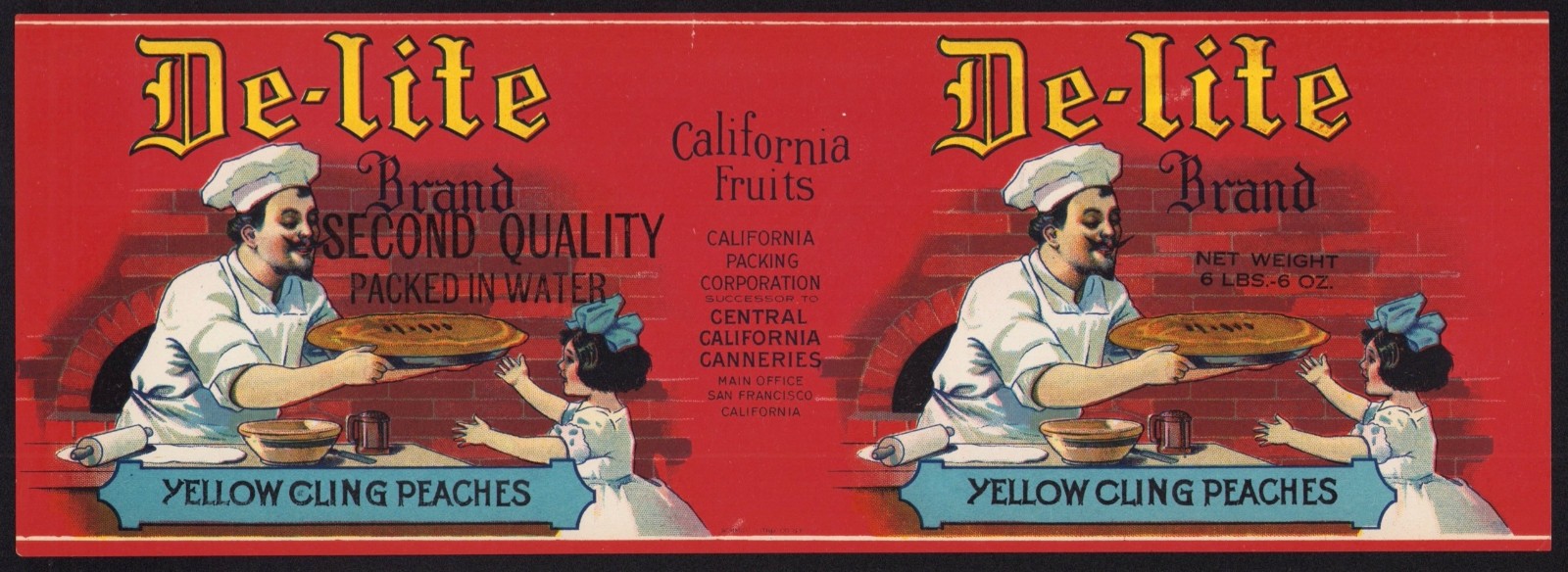 DE-LITE BRAND PEACHES authentic antique can label CPC/CCC Schmidt Litho 1920s