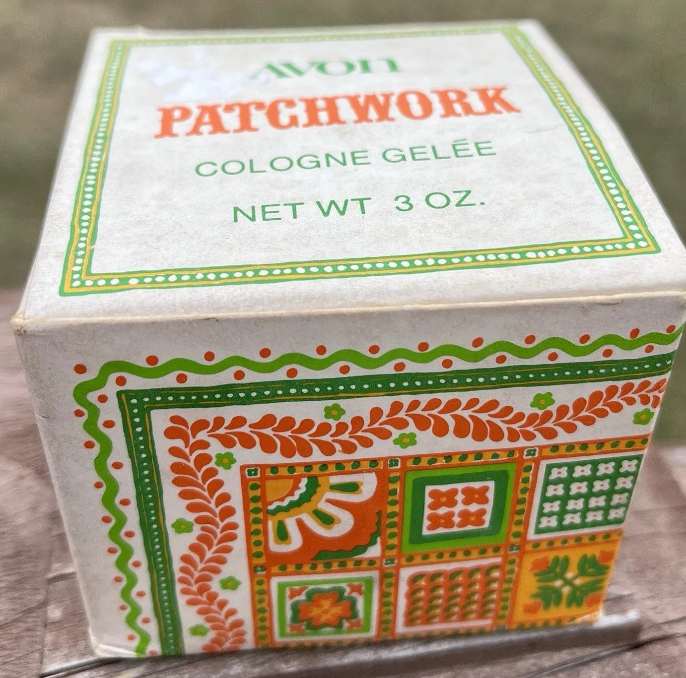 1970s Vintage Avon MCM Patchwork Cologne Gelee full w box Flower Power bottle