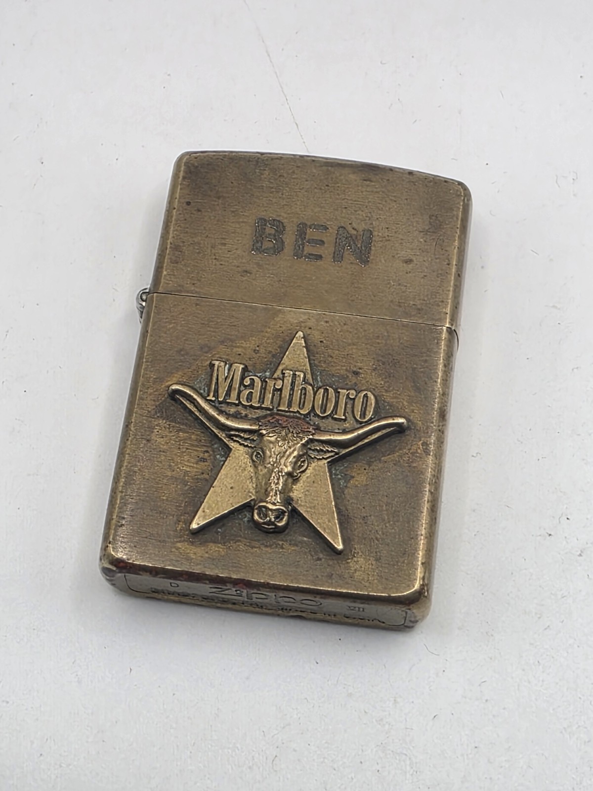 Vintage 1991 Marlboro Longhorn Steer Star Solid Brass Zippo Lighter BEN D VII