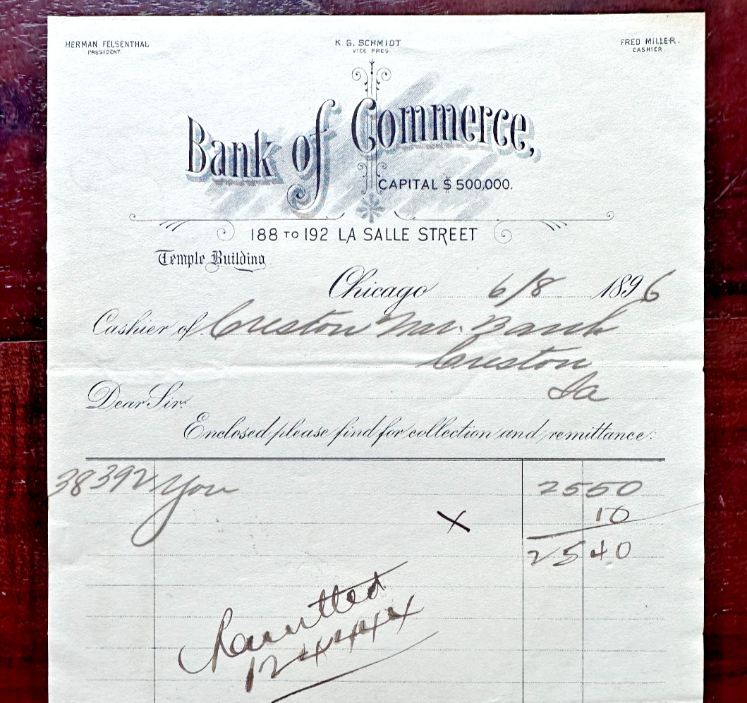 ANTIQUE 1896 CHICAGO, IL BANK OF COMMERCE RECEIPT $25.40 - FP45