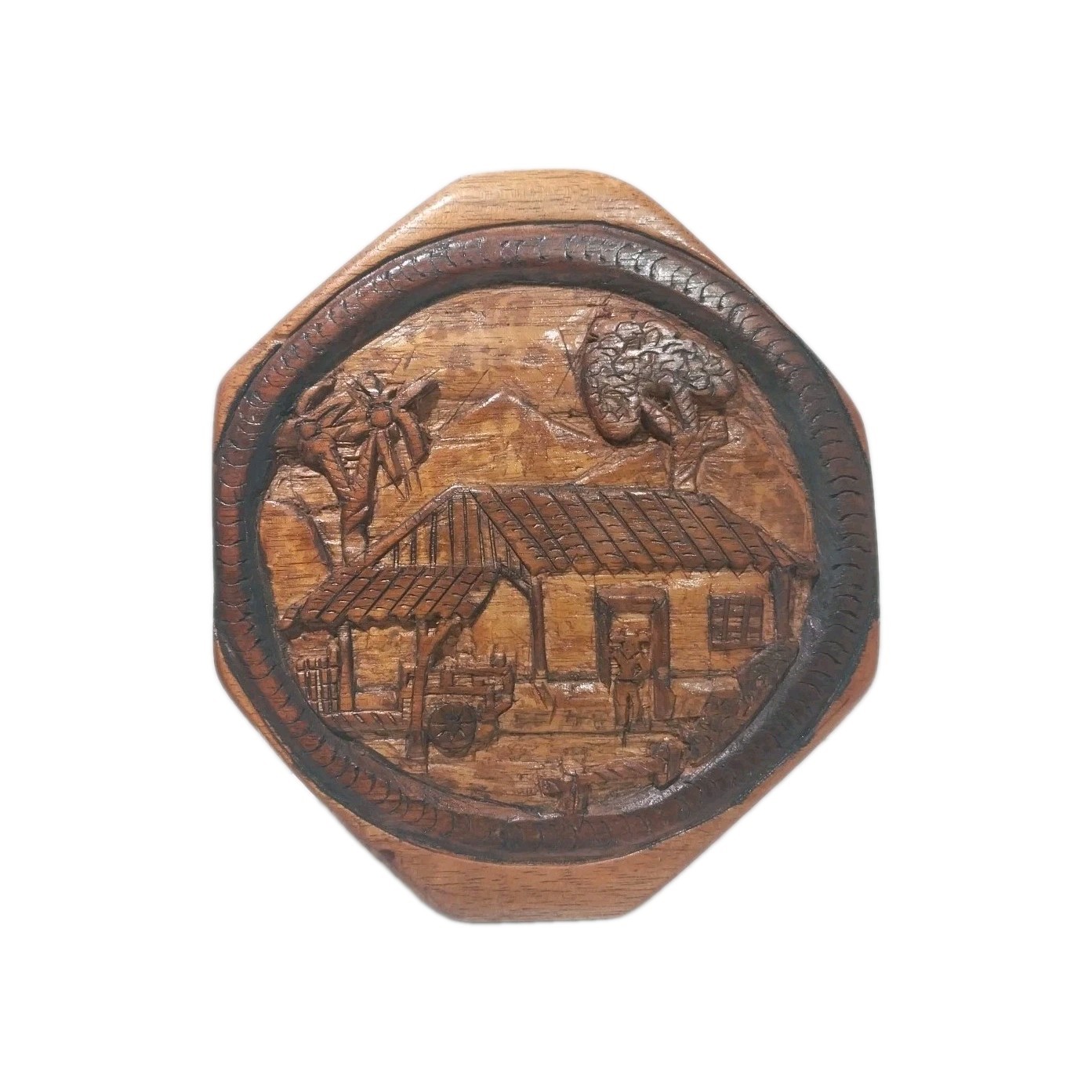 Vintage Hand Carved Monkey Pod Wood Wall Plaque Tropical Village Folk Art 8.75\