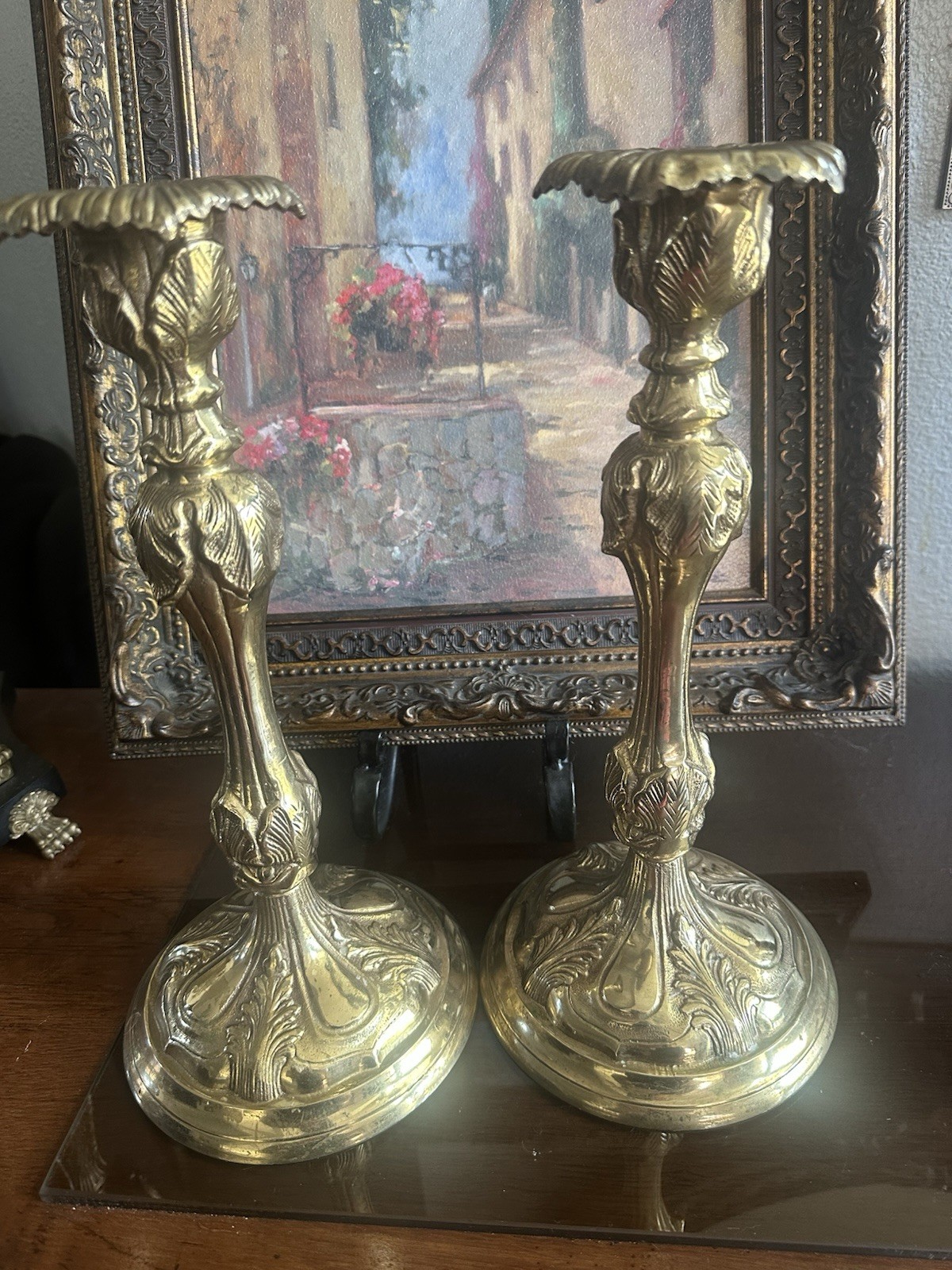 Pair of French Rococo Revival Style Heavy Brass over Bronze Candlesticks 13 Pair of French Rococo Revival Style Heavy Brass over Bronze Candlesticks 13