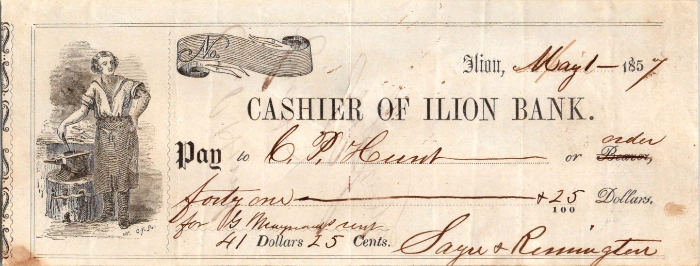 1857 Ilion Bank NY Check to C.P. Hunt, Sayre & Remington, Historic Antique