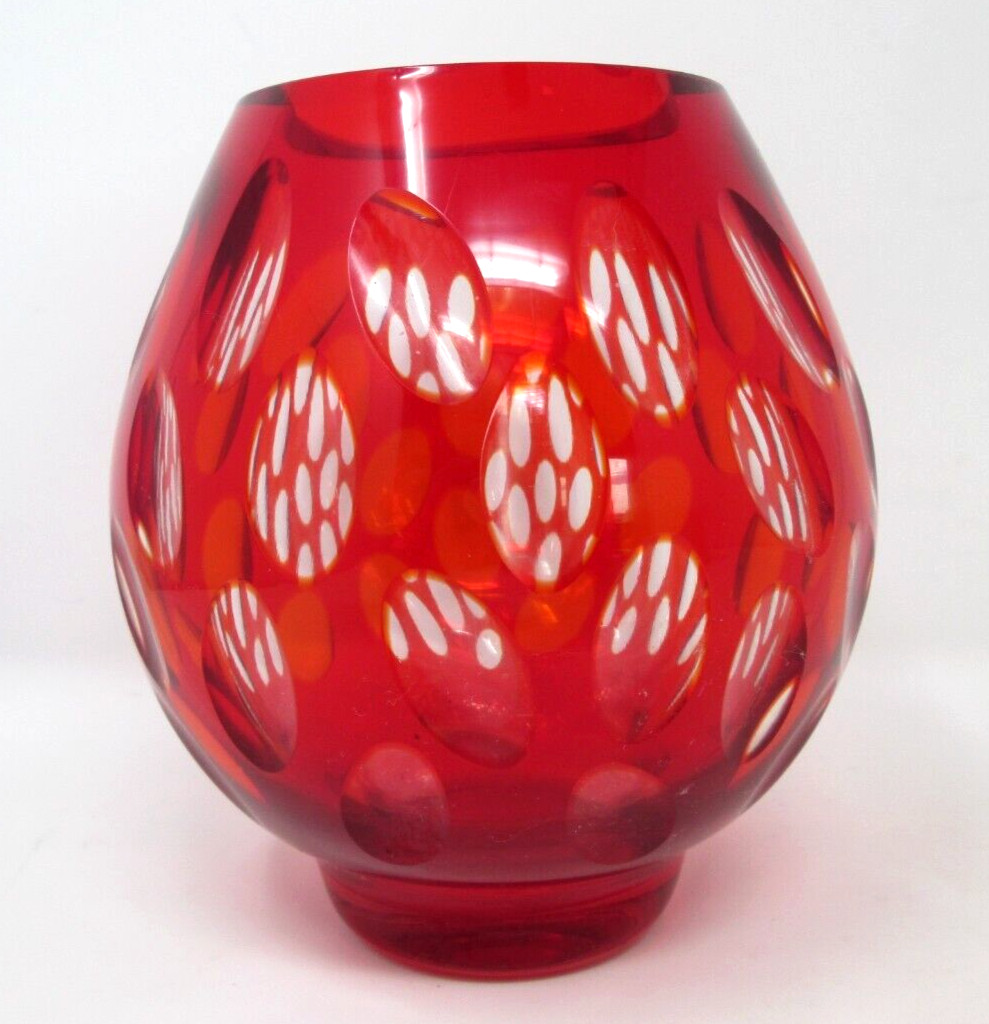 Vintage Glass Vase Red Cut To Clear Thumbprint5 1/2\