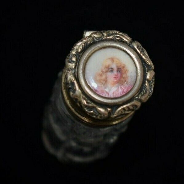 Stunning Antique STERLING & Glass PERFUME Scent Bottle w HAND PAINTED Portrait 