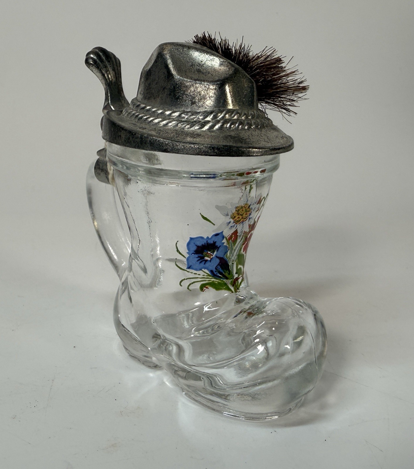 Vintage BMF German Mini Glass Beer Boot Shot Stein Pewter Hat Lid Gamsbart Brush
