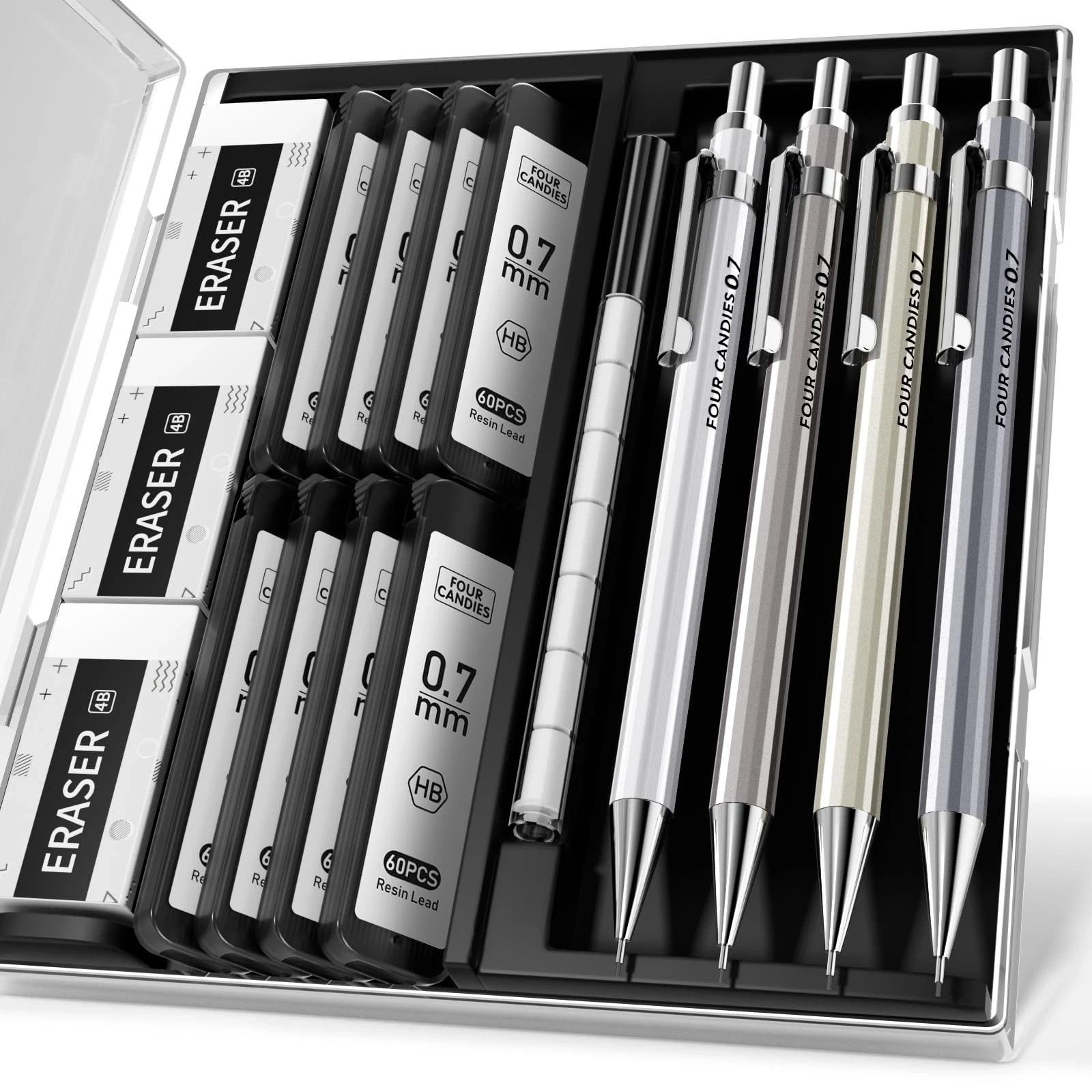 Four Candies 0.7mm Mechanical Pencil Set with Case - 4PCS Metal Mechanical Four Candies 0.7mm Mechanical Pencil Set with Case - 4PCS Metal Mechanical